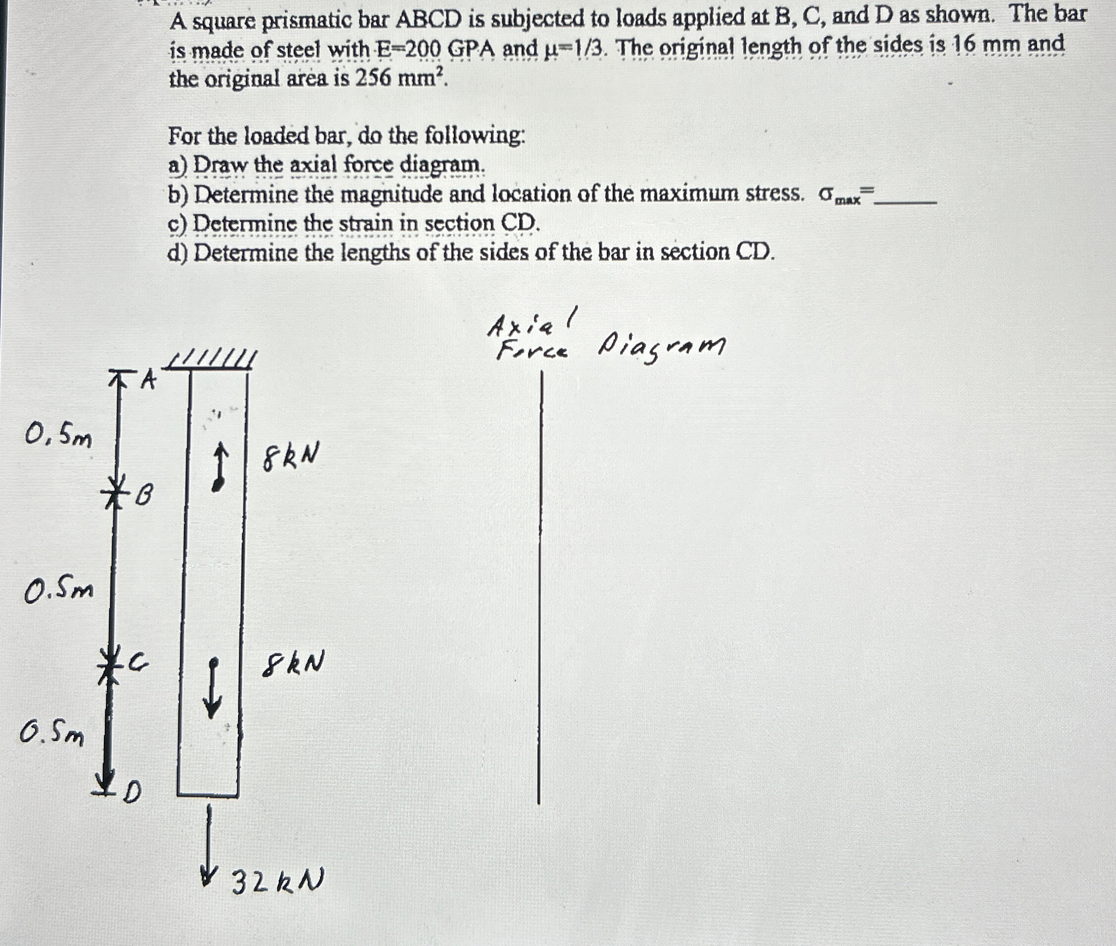 A square prismatic bar ABCD is subjected to loads