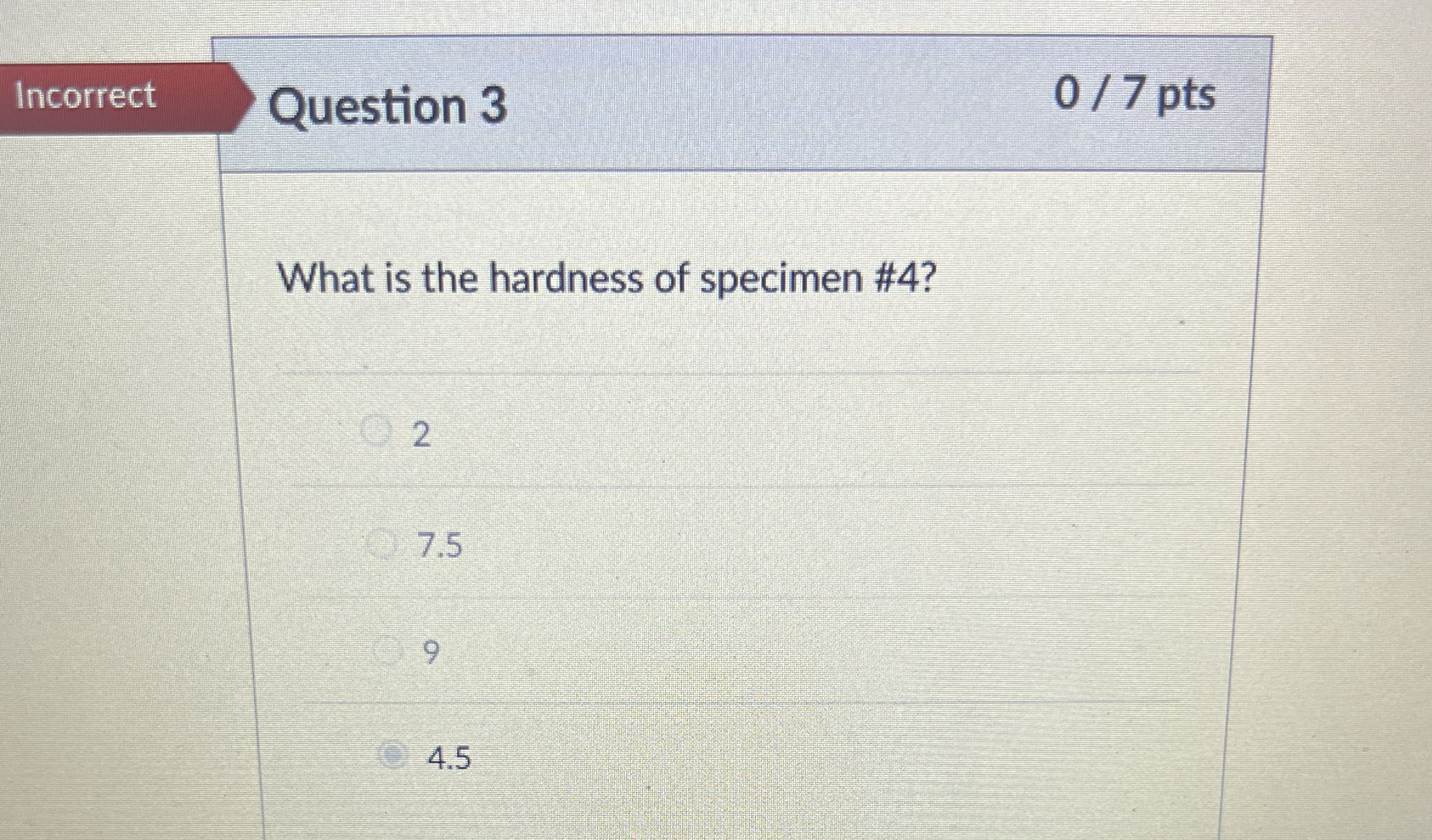 Question 3 What is the hardness of specimen # 4 ?