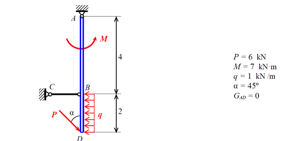 P = 6 k N M = 7 k N * m q = 1 k N m = 4 5 G A D =