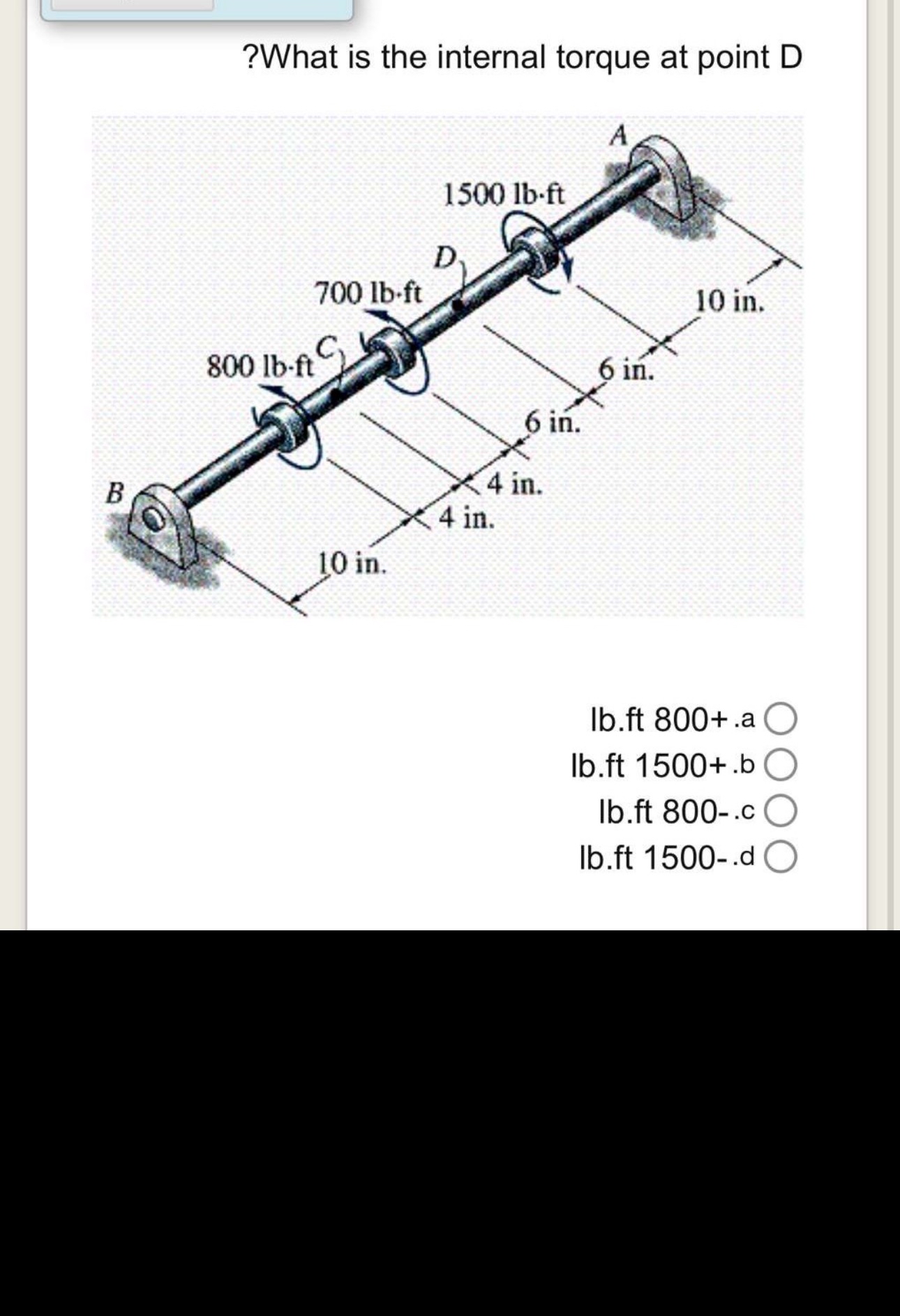 ? What is the internal torque at point D lb . ft