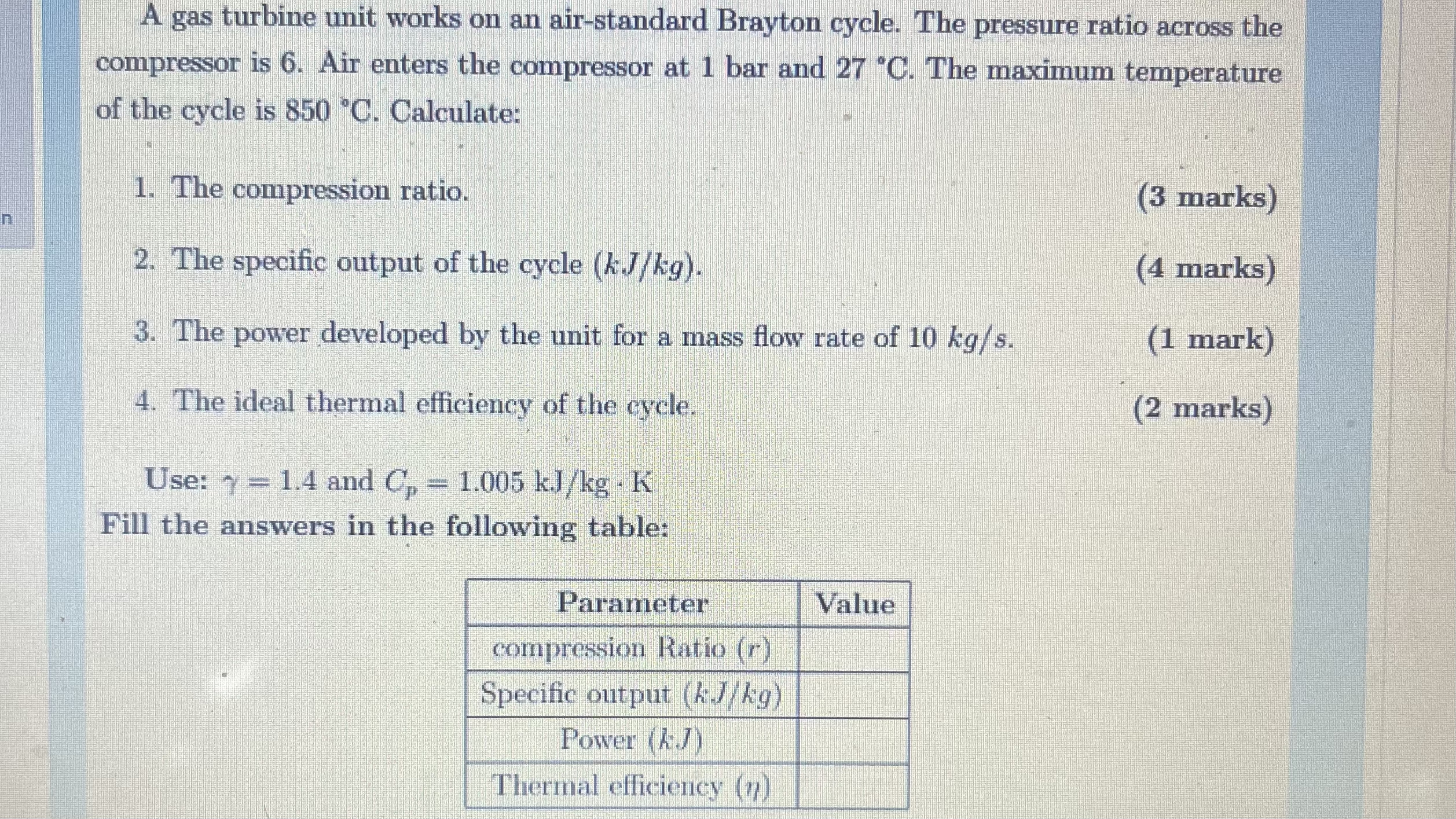 A gas turbine unit works on an air - standard