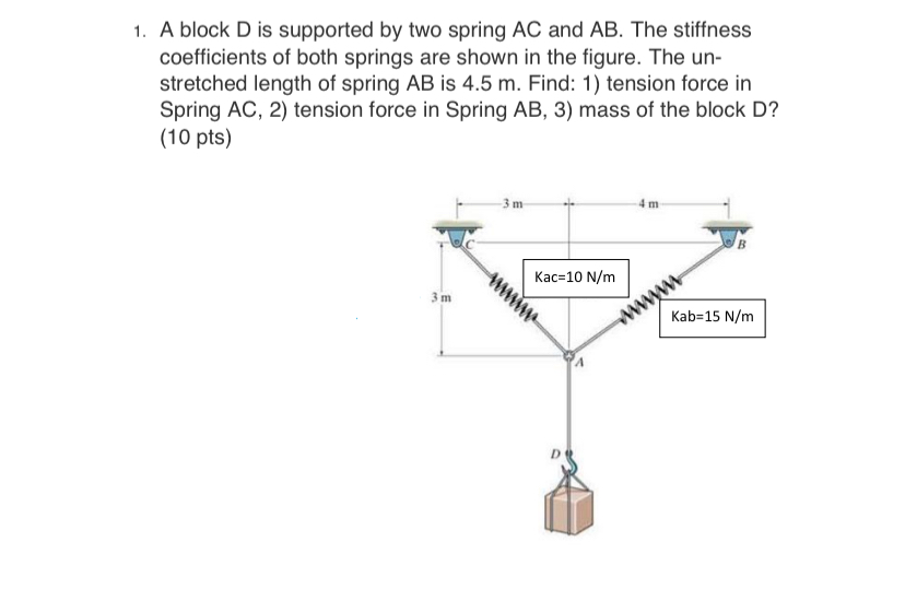 A block D is supported by two spring A C and A B