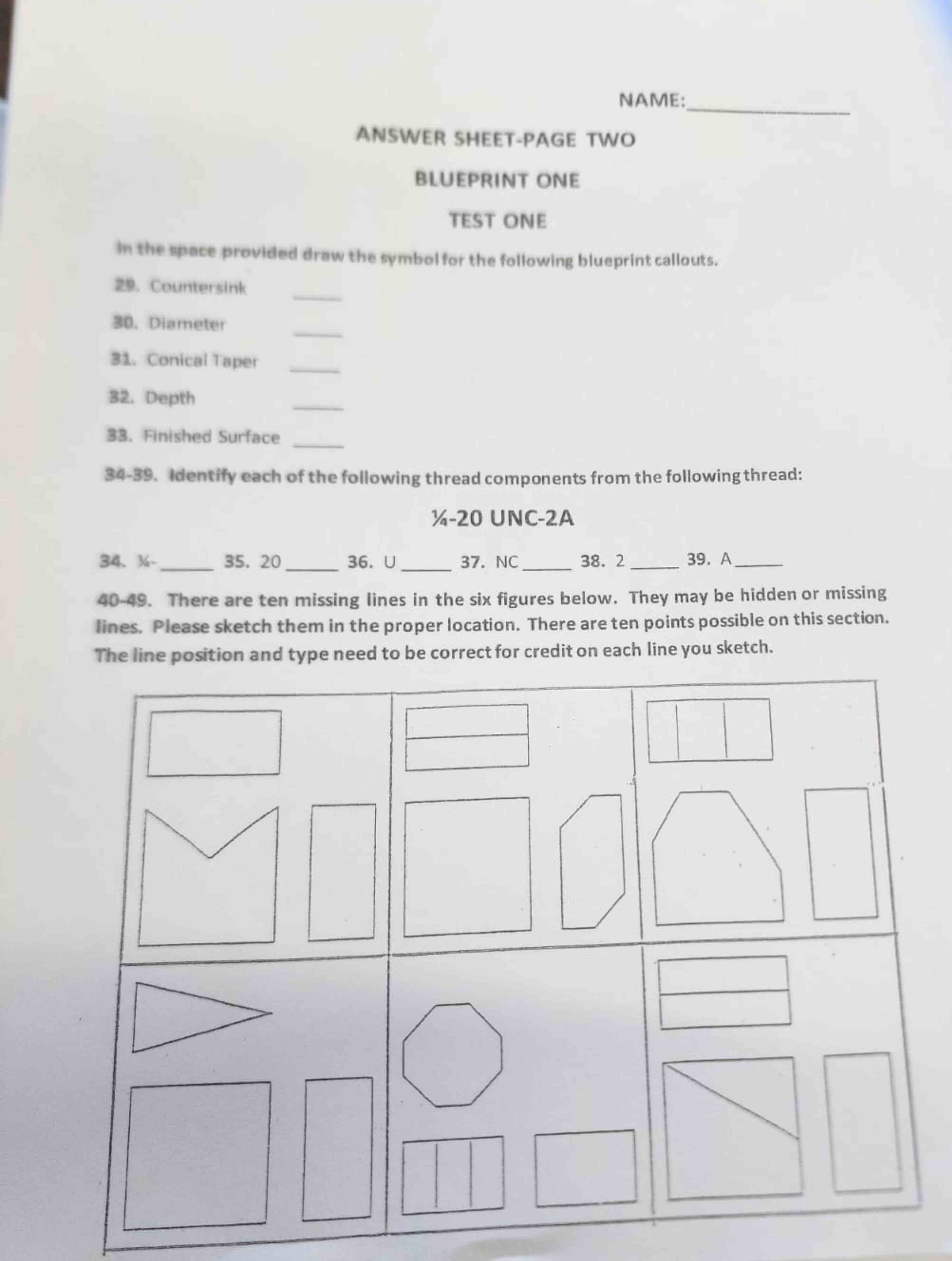 NAME: ANSWER SHEET - PAGE TWO BLUEPRINT ONE TEST