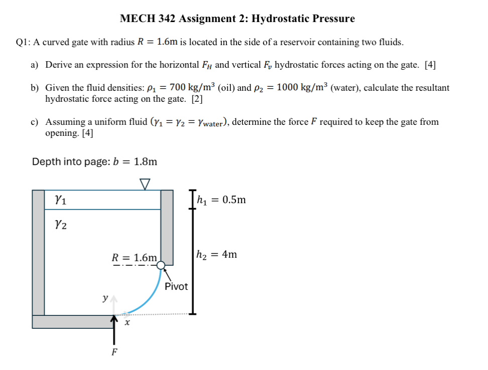 MECH 3 4 2 Assignment 2 : Hydrostatic Pressure Q