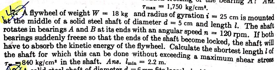 A flywheel of weight W = 1 8 k g and radius of
