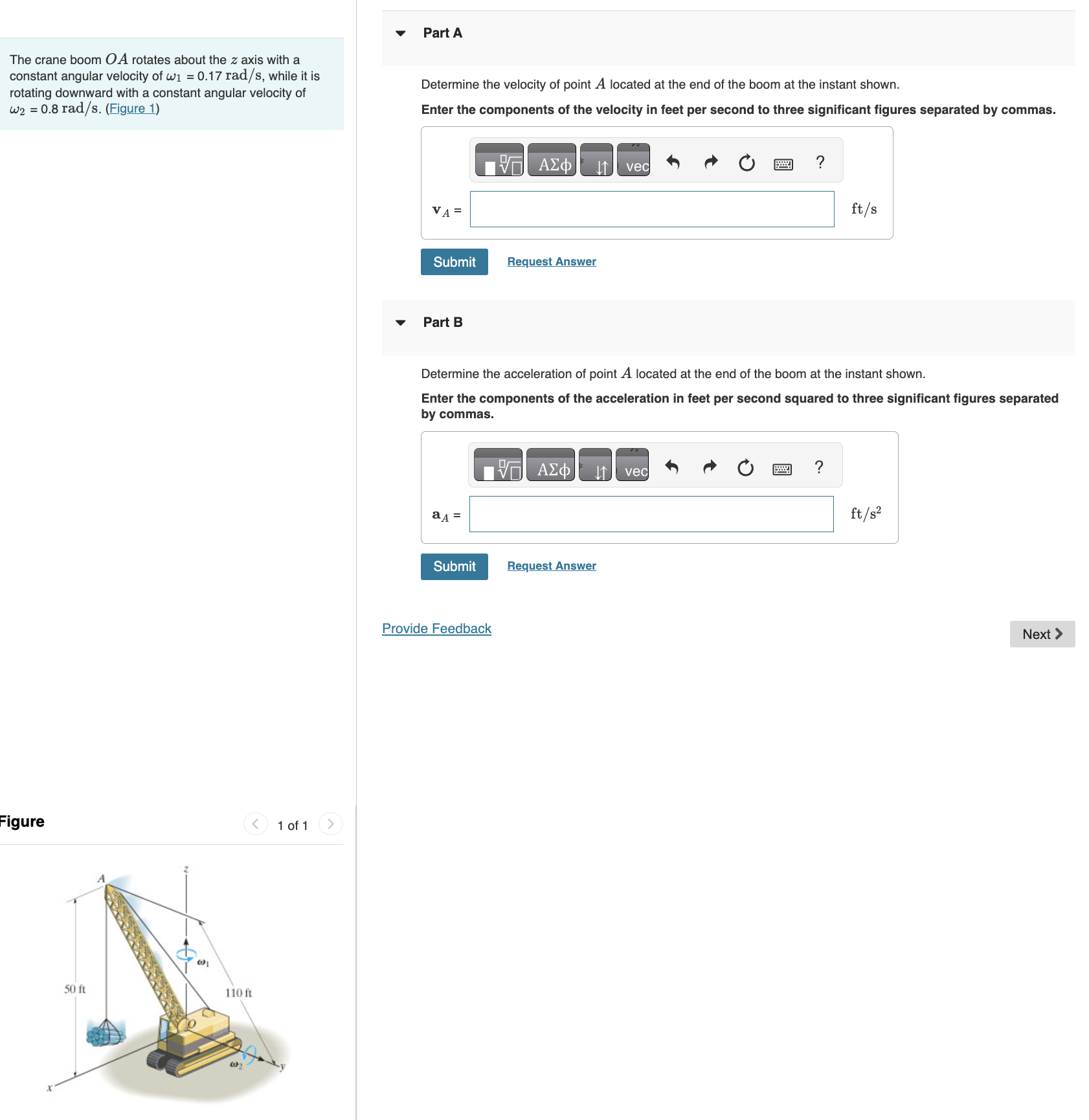 Part A The crane boom O A rotates about the z