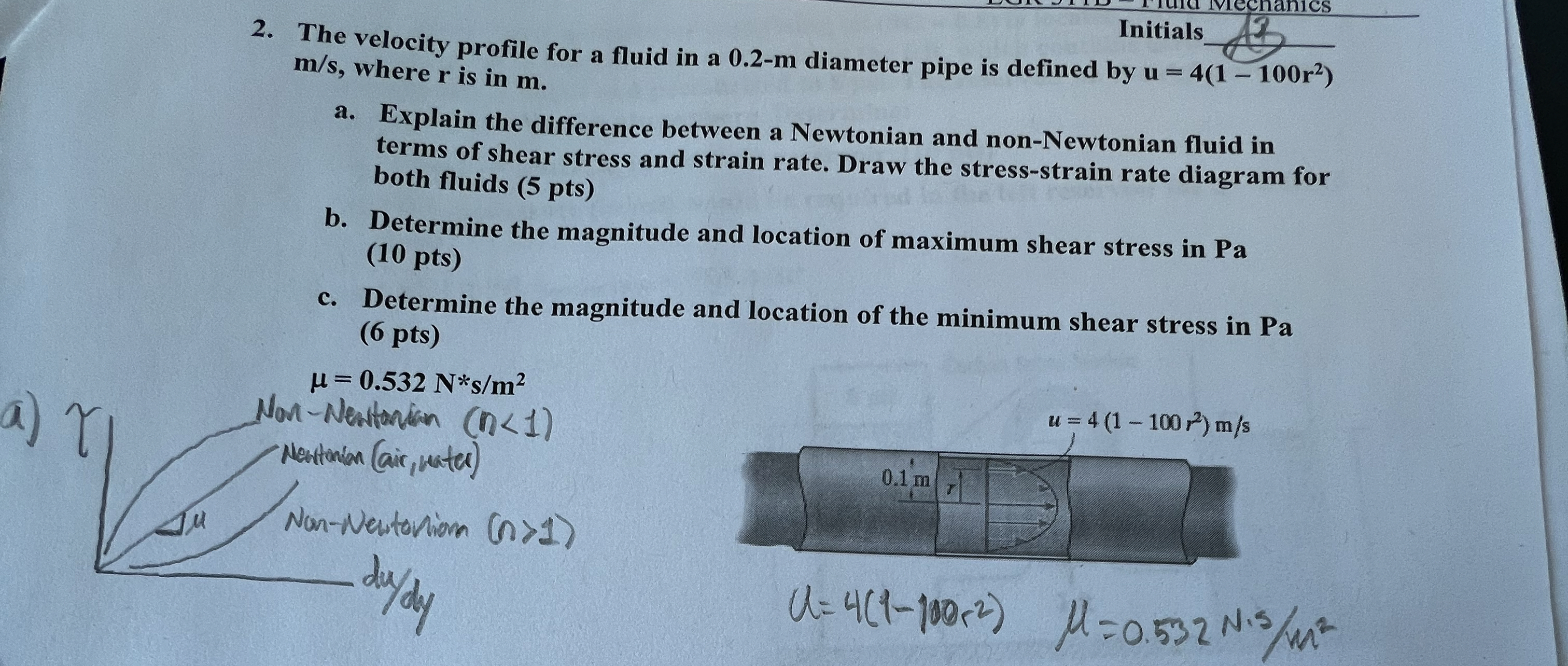 The velocity profile for a fluid in a 0 . 2 - m