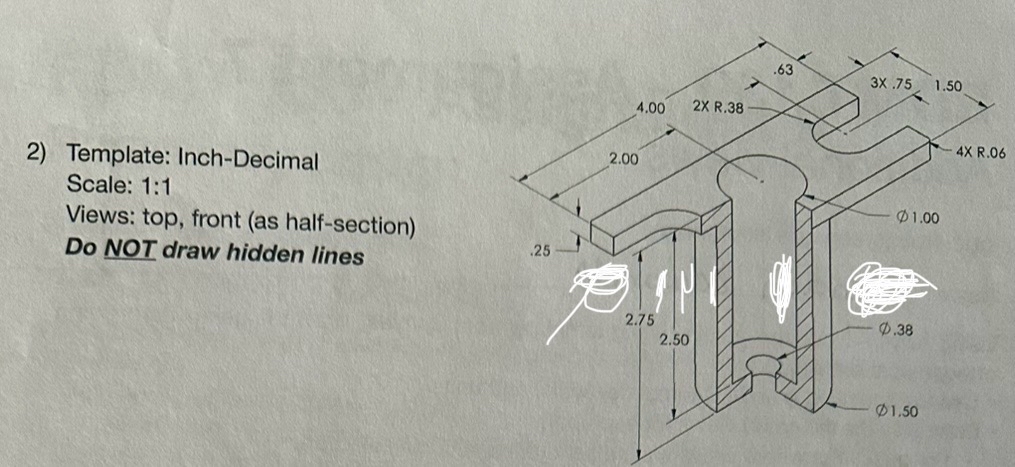 Draw top and front as half section.