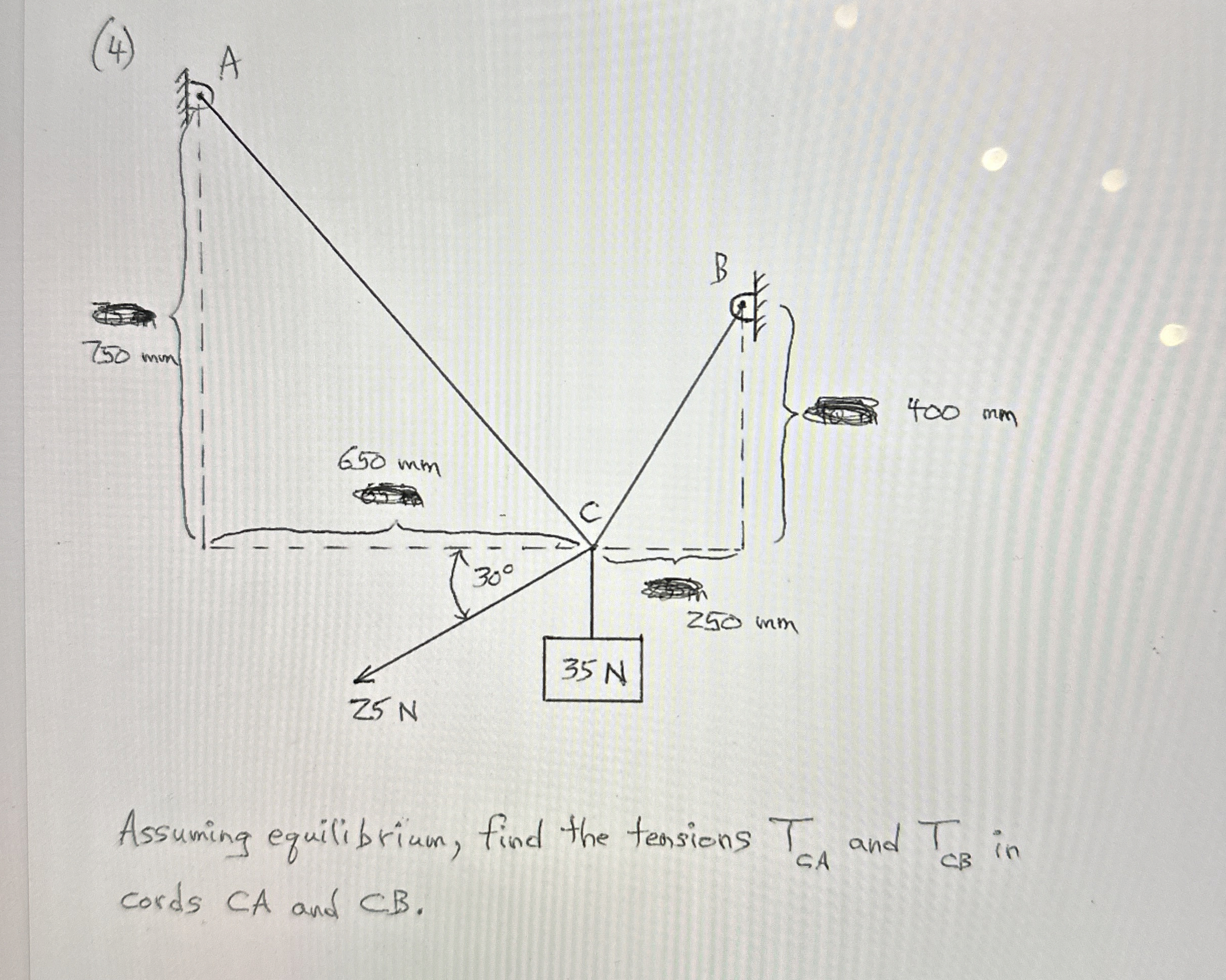 Assuming equilibrium, find the tensions T C A and