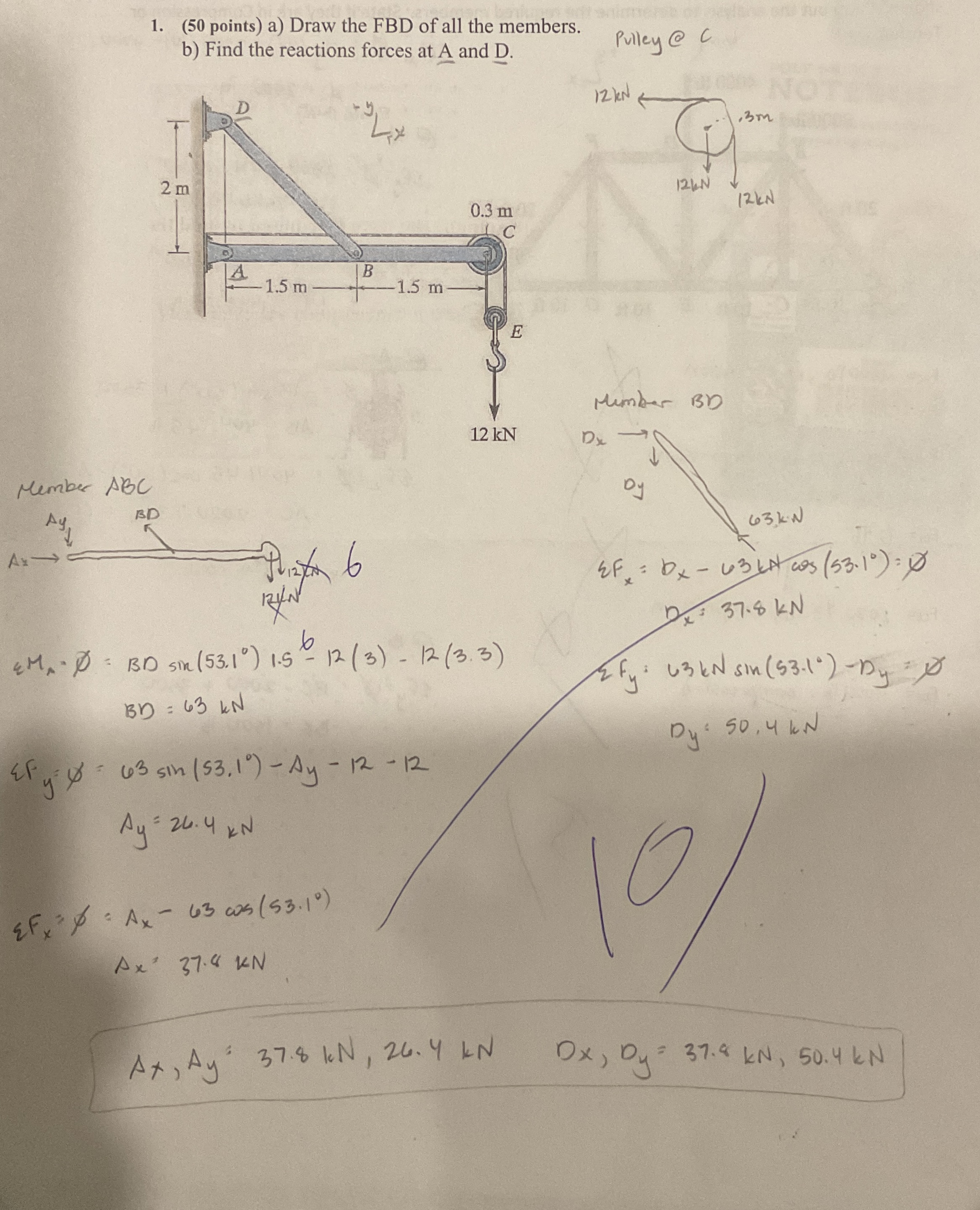 ( 5 0 points ) a ) Draw the FBD of all the
