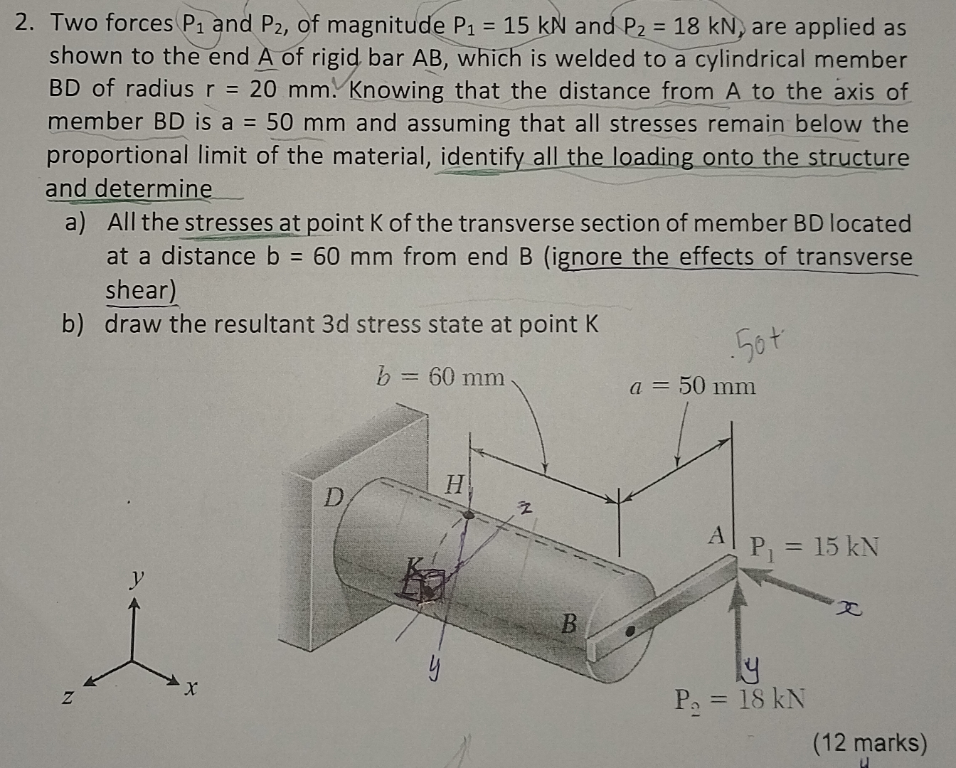 Two forces P 1 and P 2 , of magnitude P 1 = 1 5 k