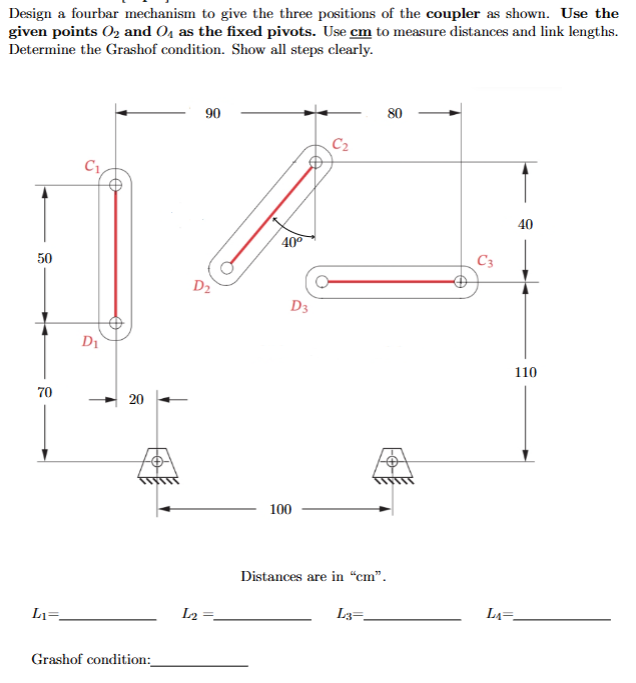 Design a fourbar mechanism to give the three