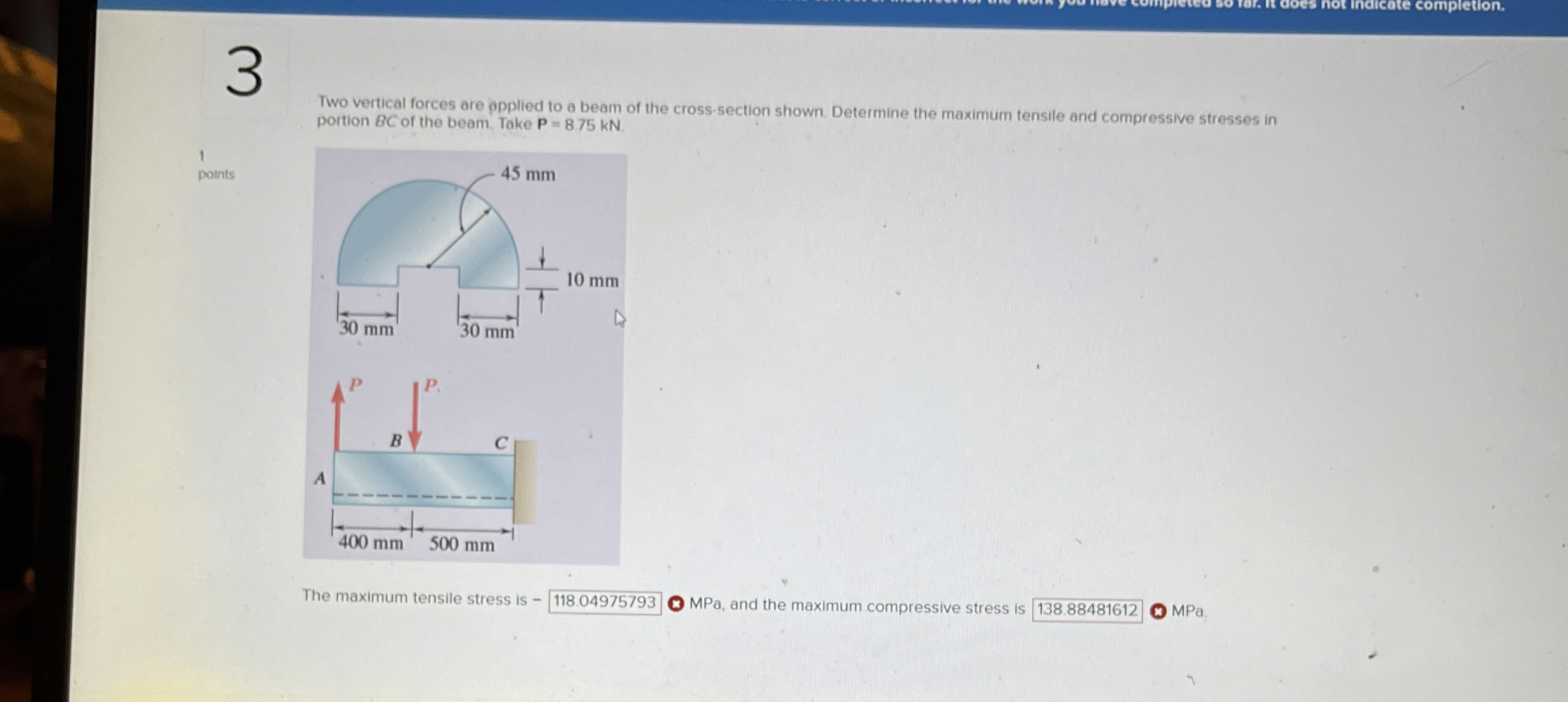 Two vertical forces are ppplied to a beam of the