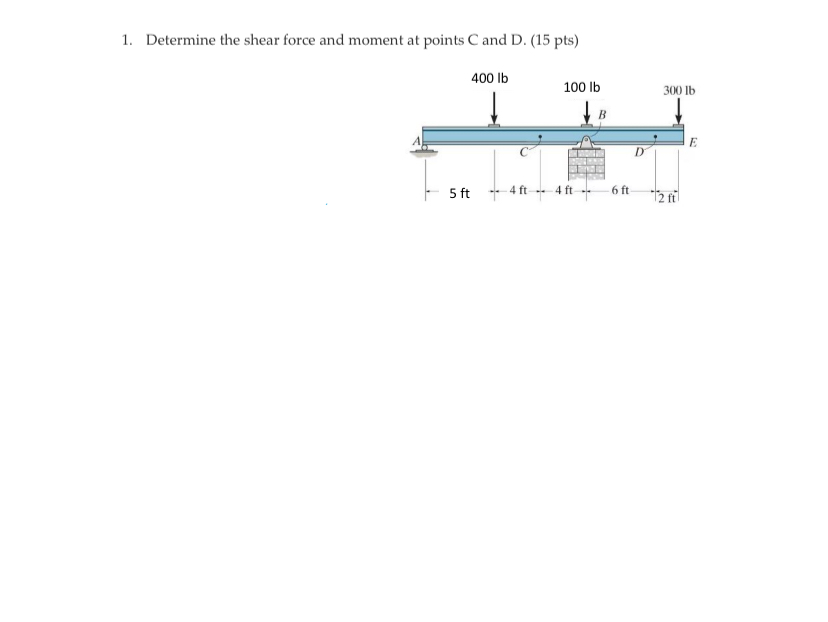 Determine the shear force and moment at points C