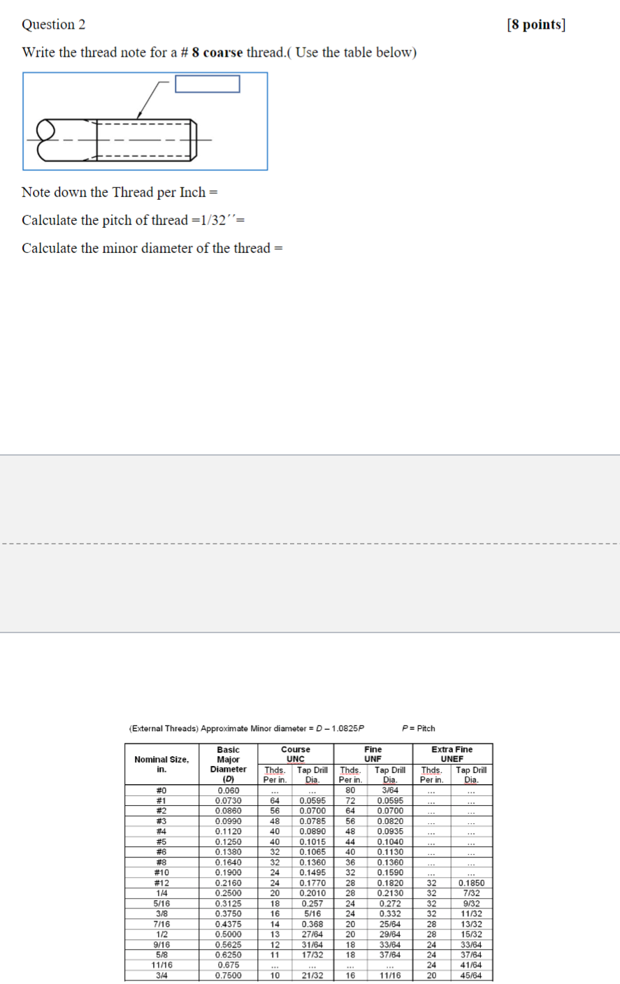 Write the thread note for a # 8 coarse thread. (
