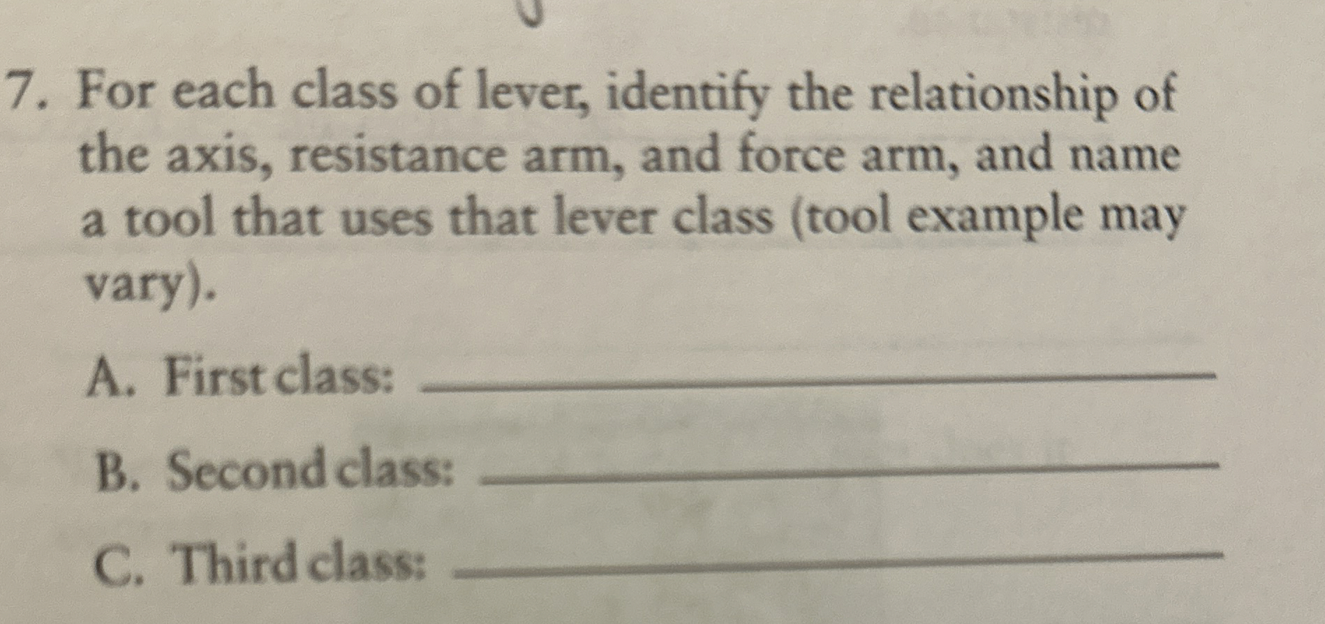 For each class of lever, identify the