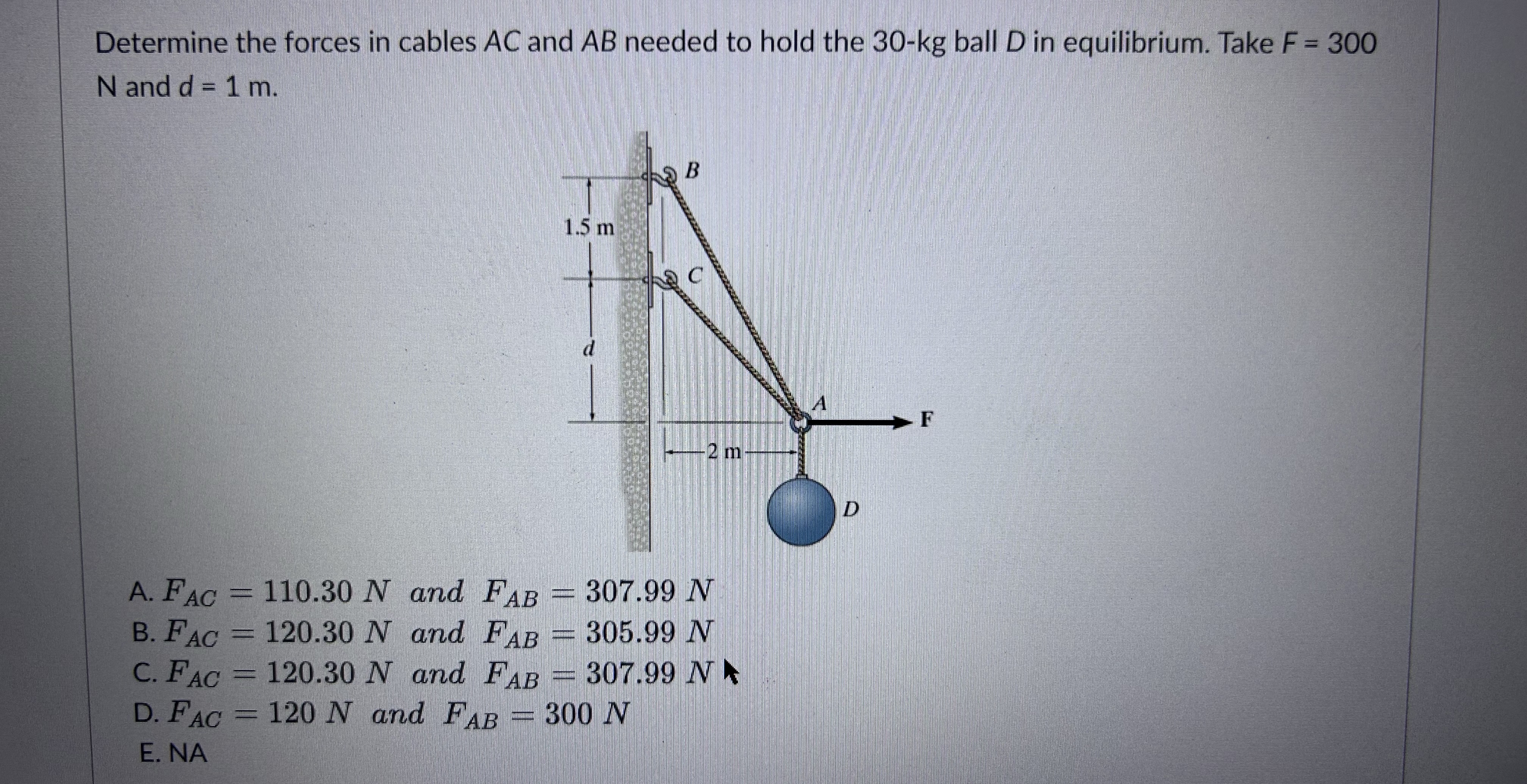 Determine the forces in cables A C and A B needed