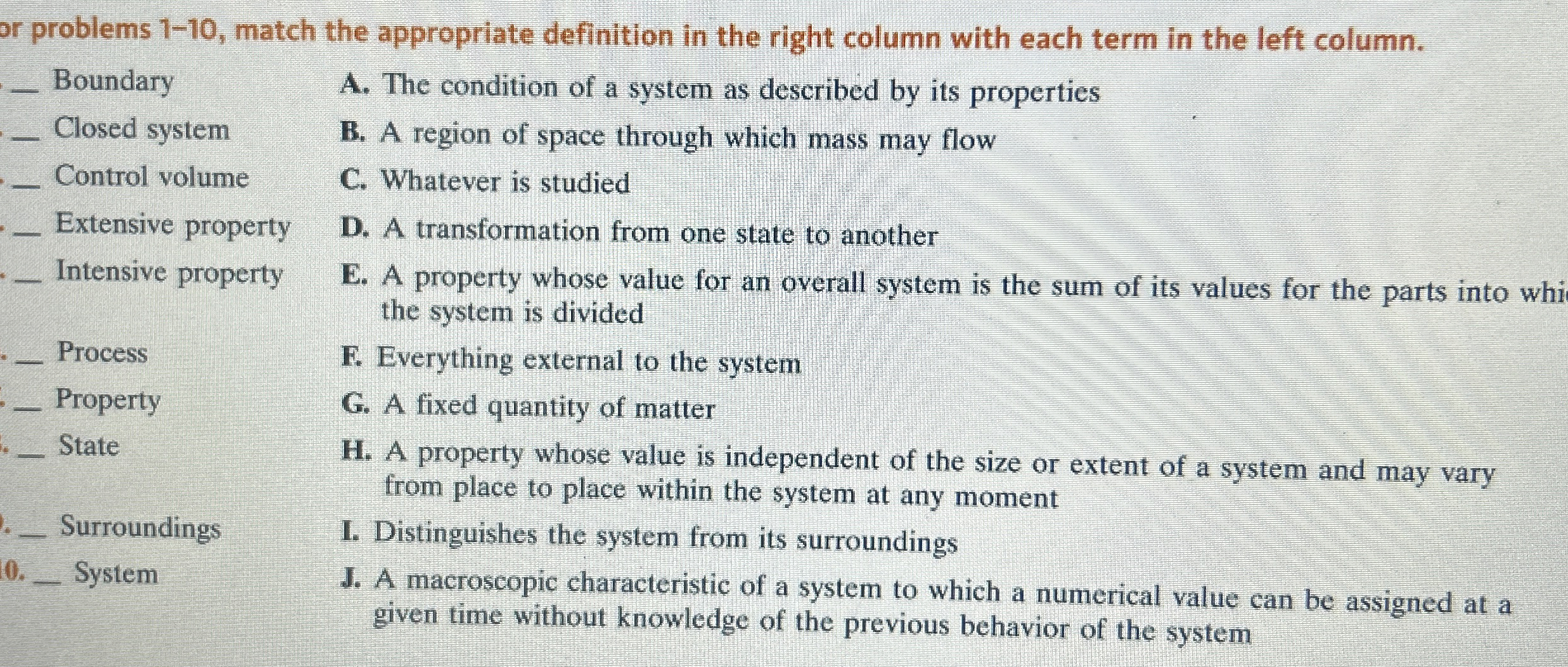 or problems 1 - 1 0 , match the appropriate