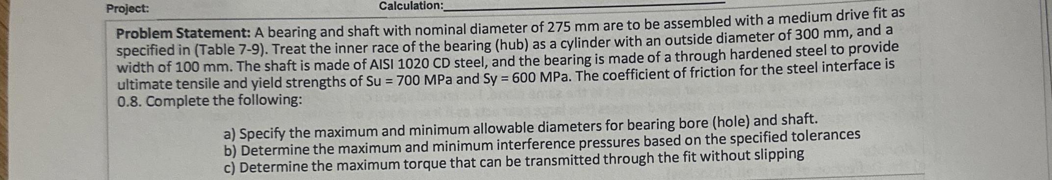 Project: Calculation: Problem Statement: A