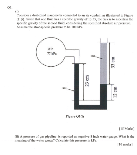 Q 1 . ( i ) Consider a dual - fluid manometer