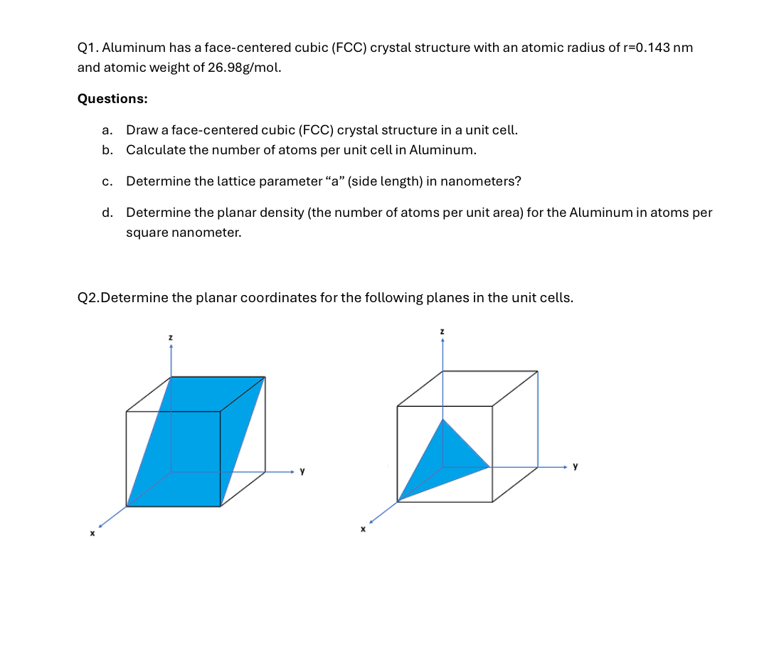 Q 1 . Aluminum has a face - centered cubic ( FCC