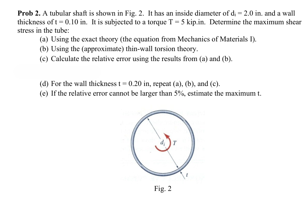 Prob 2 . A tubular shaft is shown in Fig. 2 . It