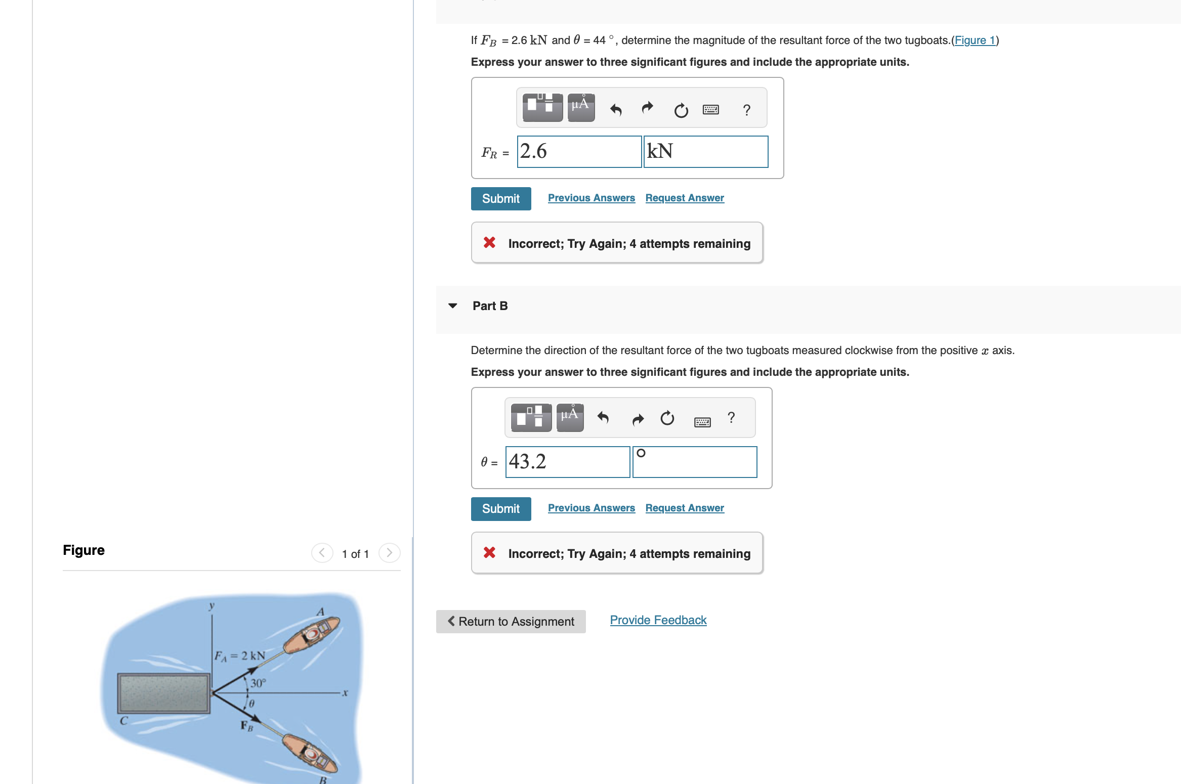 If F B = 2 . 6 k N and = 4 4 , determine the