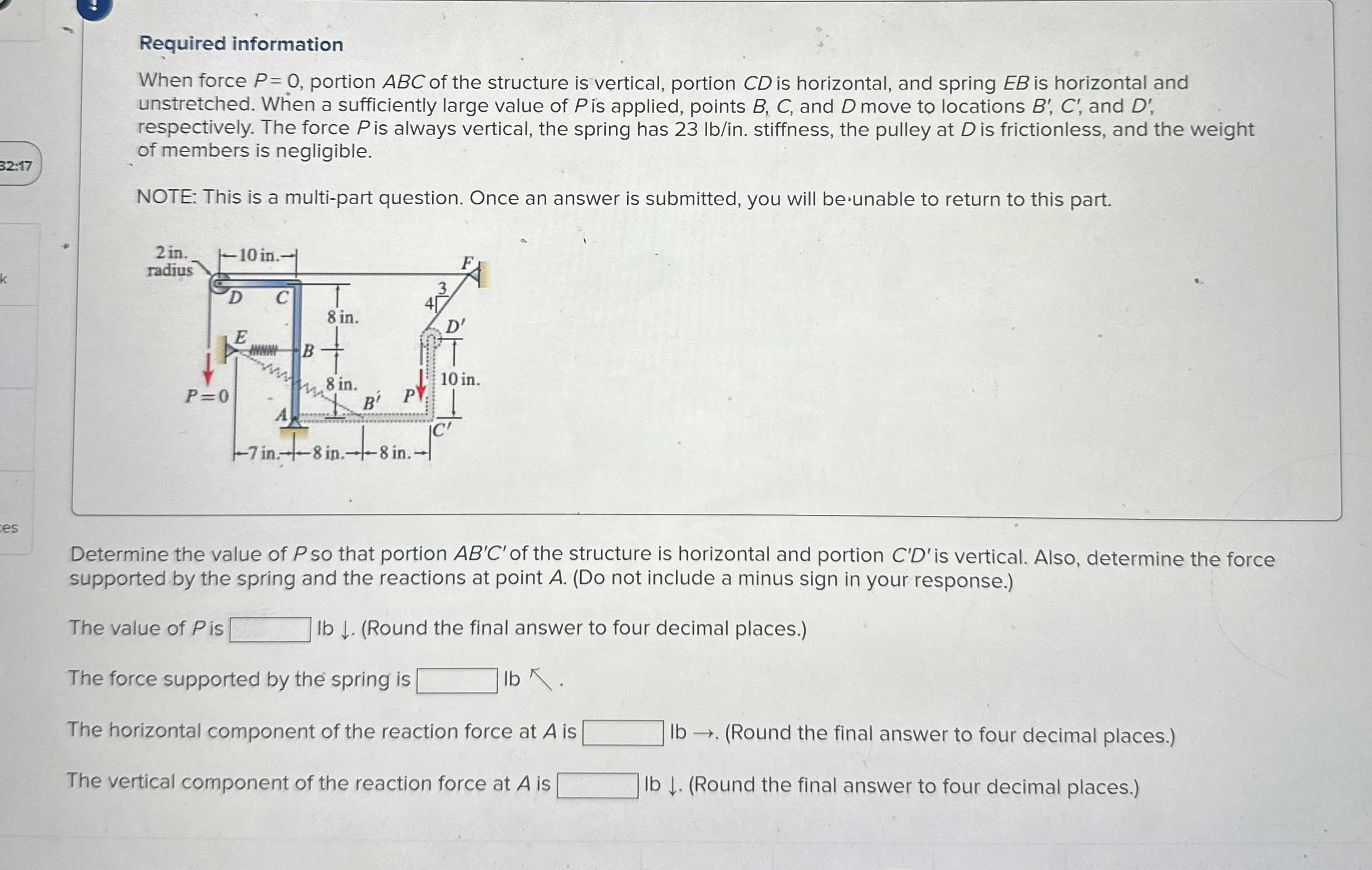 Required information When force P = 0 , portion