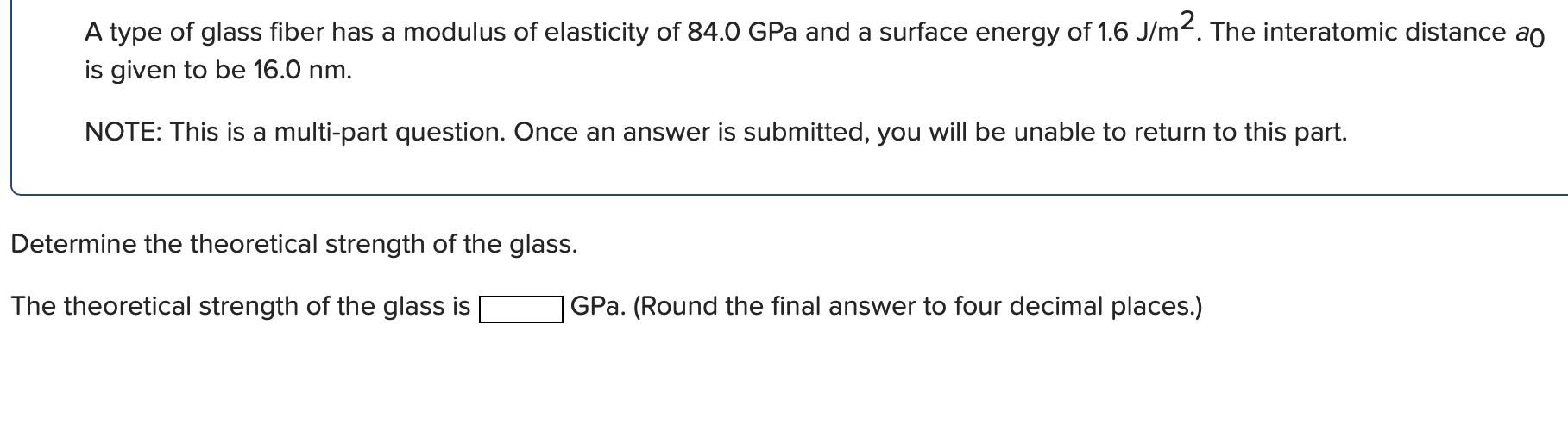 A type of glass fiber has a modulus of elasticity