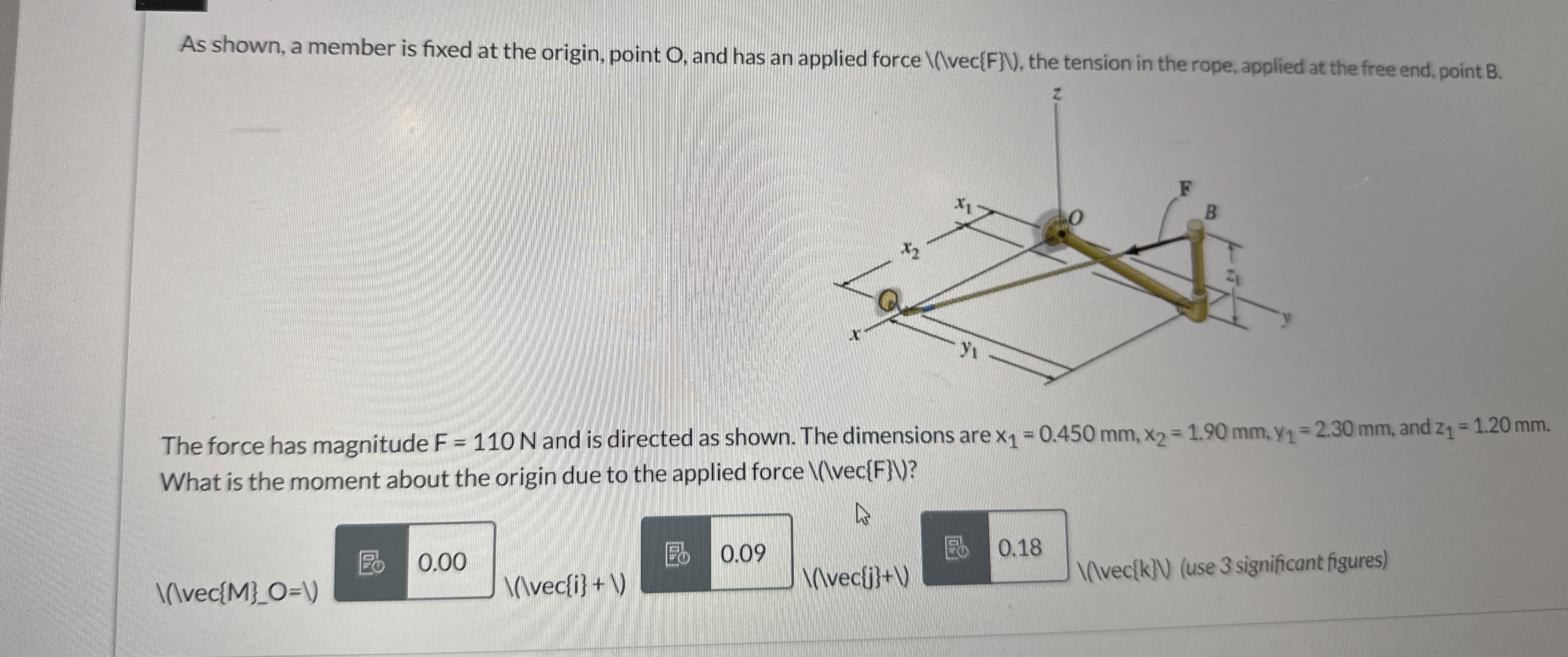 As shown, a member is fixed at the origin, point
