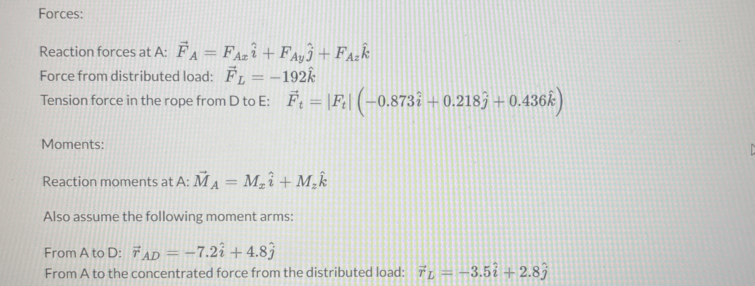 Forces: Reaction forces at A :vec ( F ) A = F A x