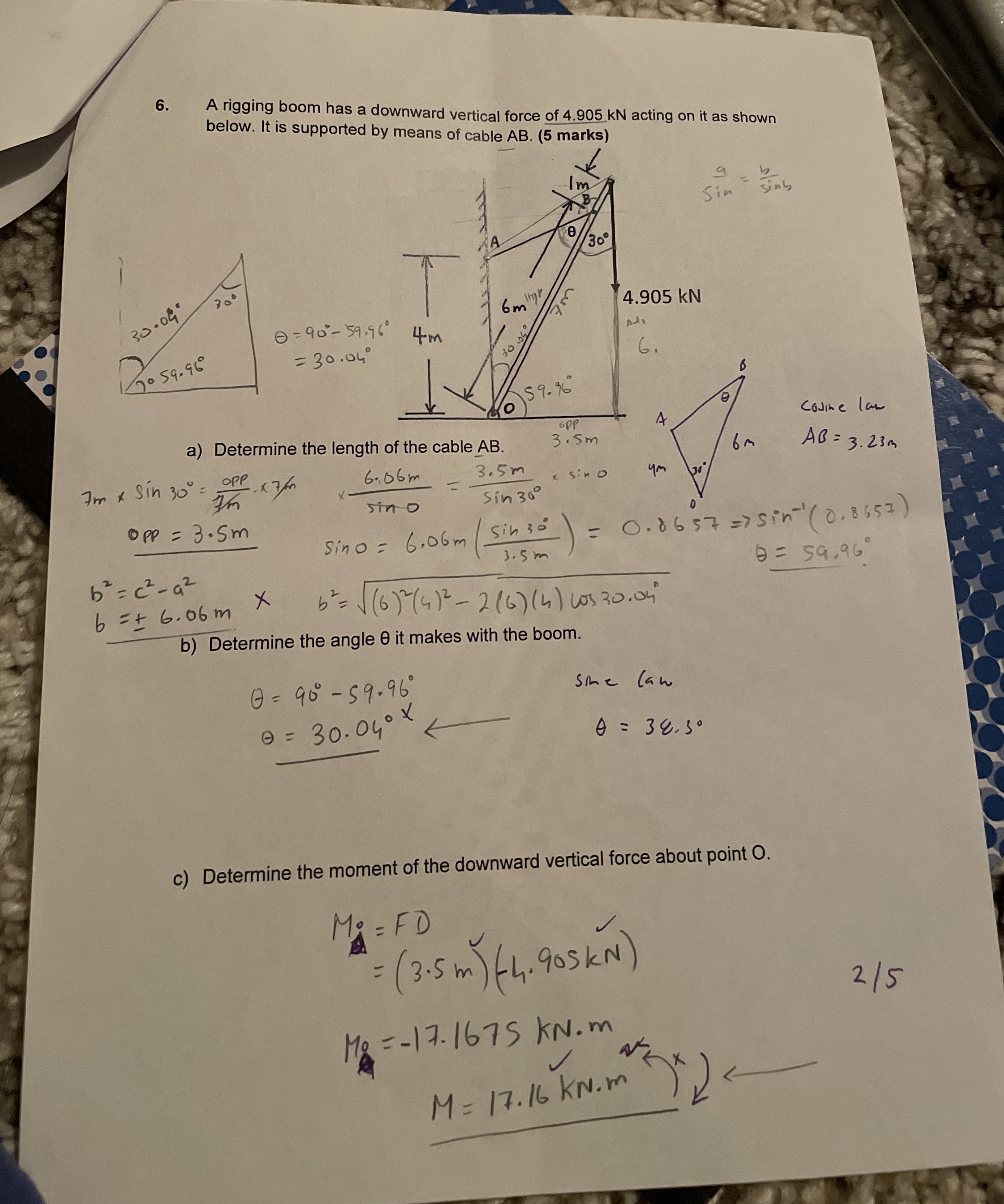 A rigging boom has a downward vertical force of 4