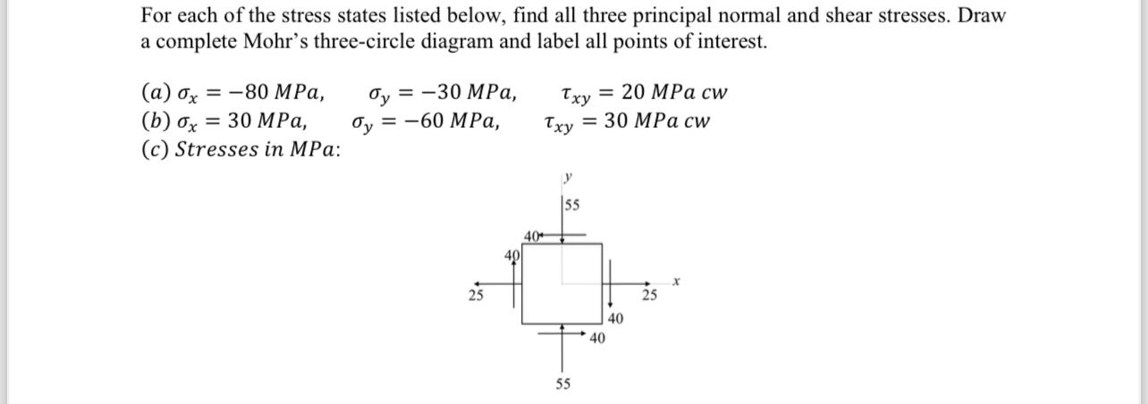 For each of the stress states listed below, find
