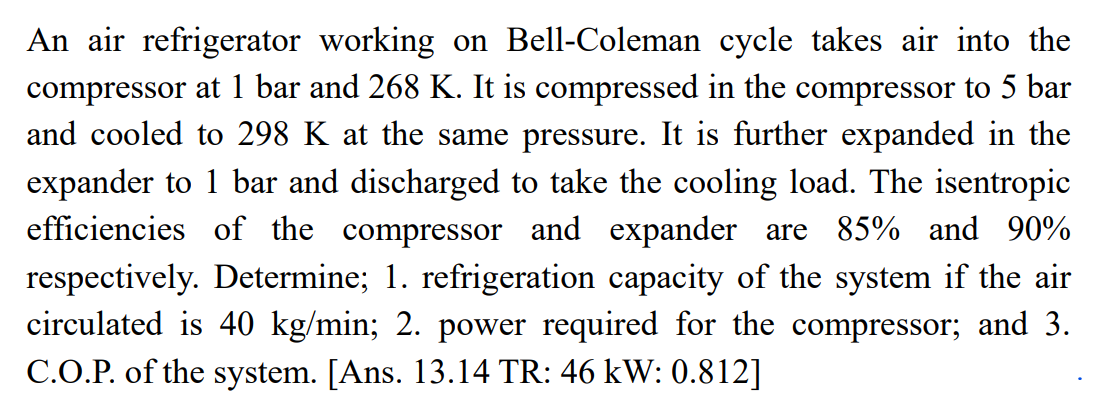 An air refrigerator working on Bell - Coleman