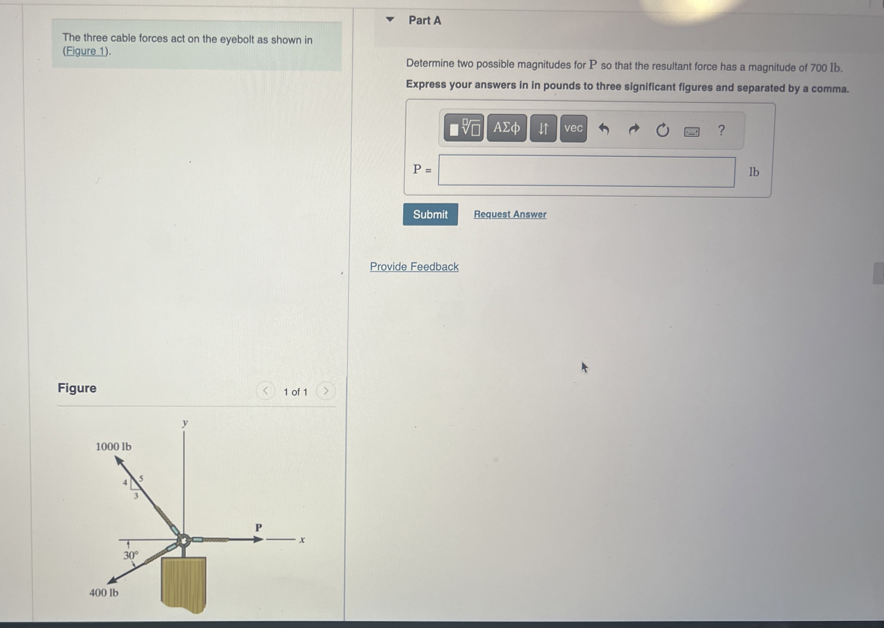 The three cable forces act on the eyebolt as