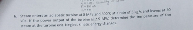 Steam enters an adiabatic turbine at 8 MPa and 5