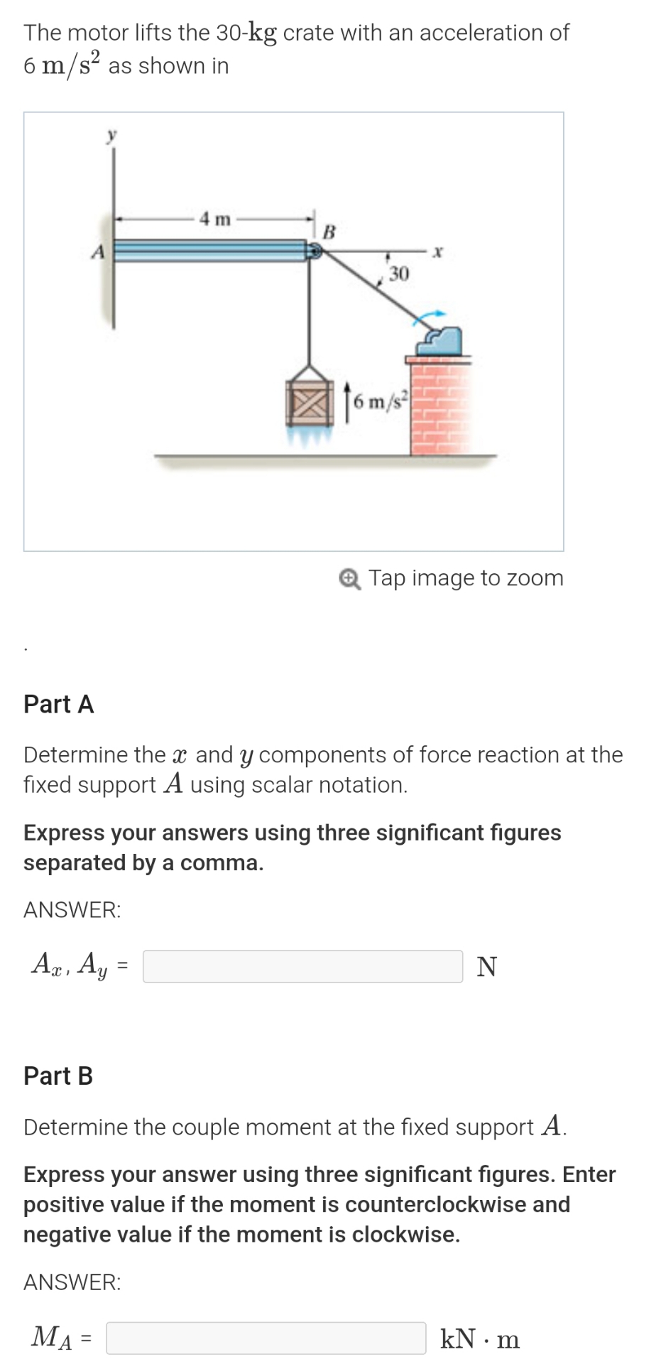 The motor lifts the 3 0 - kg crate with an