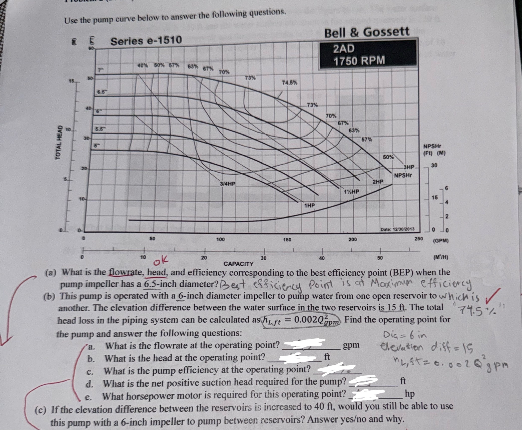 Use the pump curve below to answer the following
