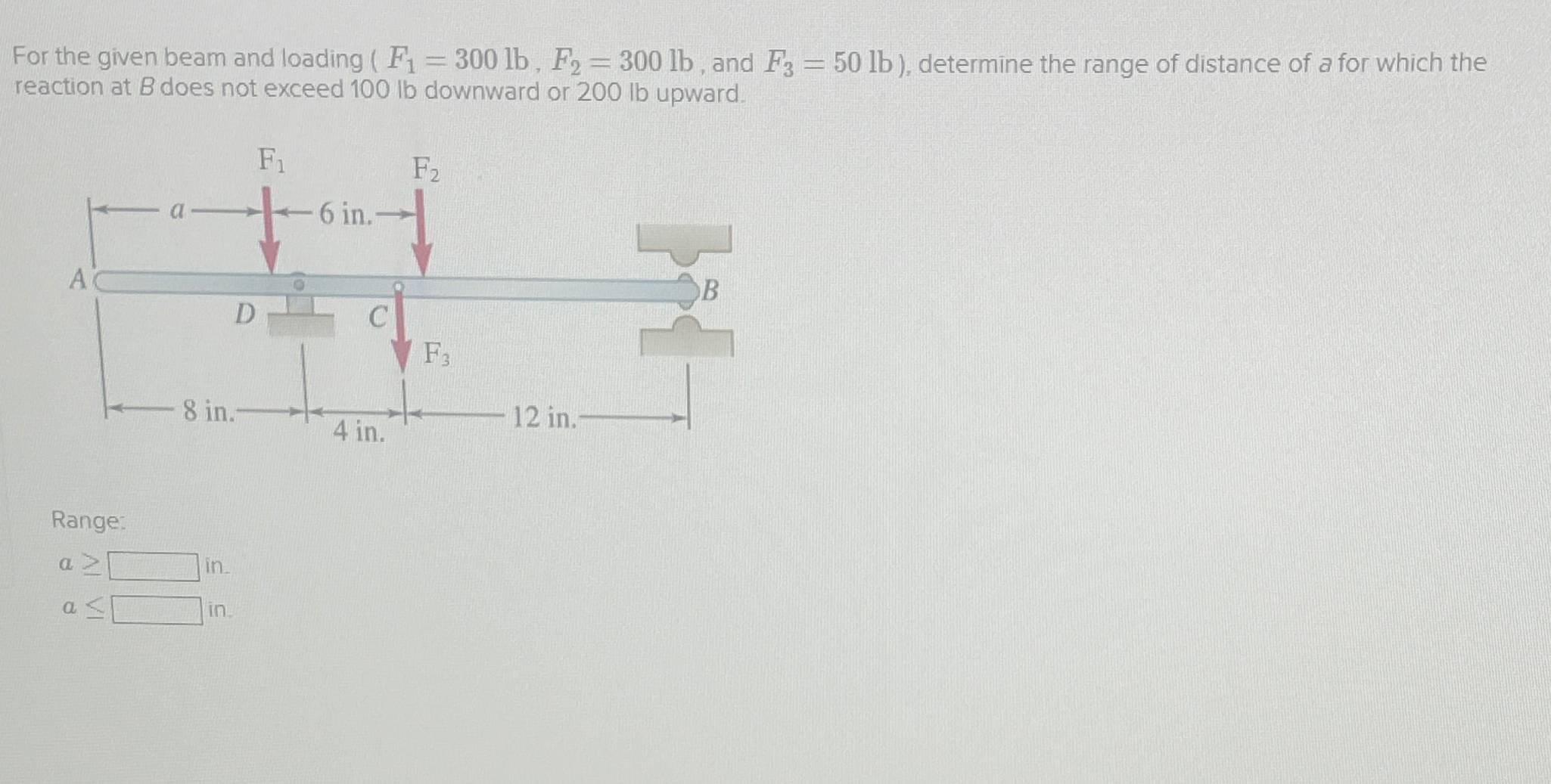For the given beam and loading ( F 1 = 3 0 0 l b