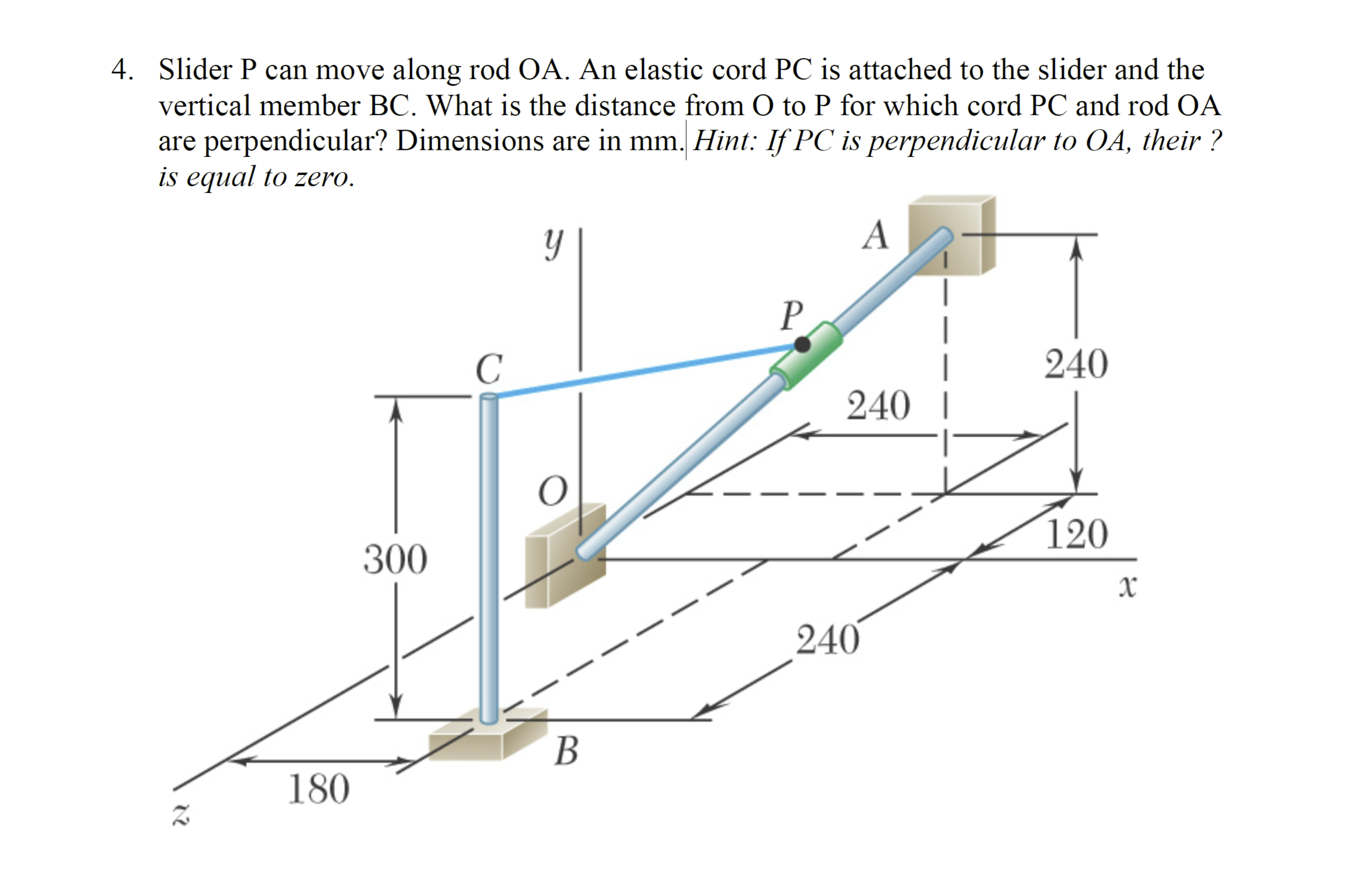 Slider P can move along rod OA . An elastic cord