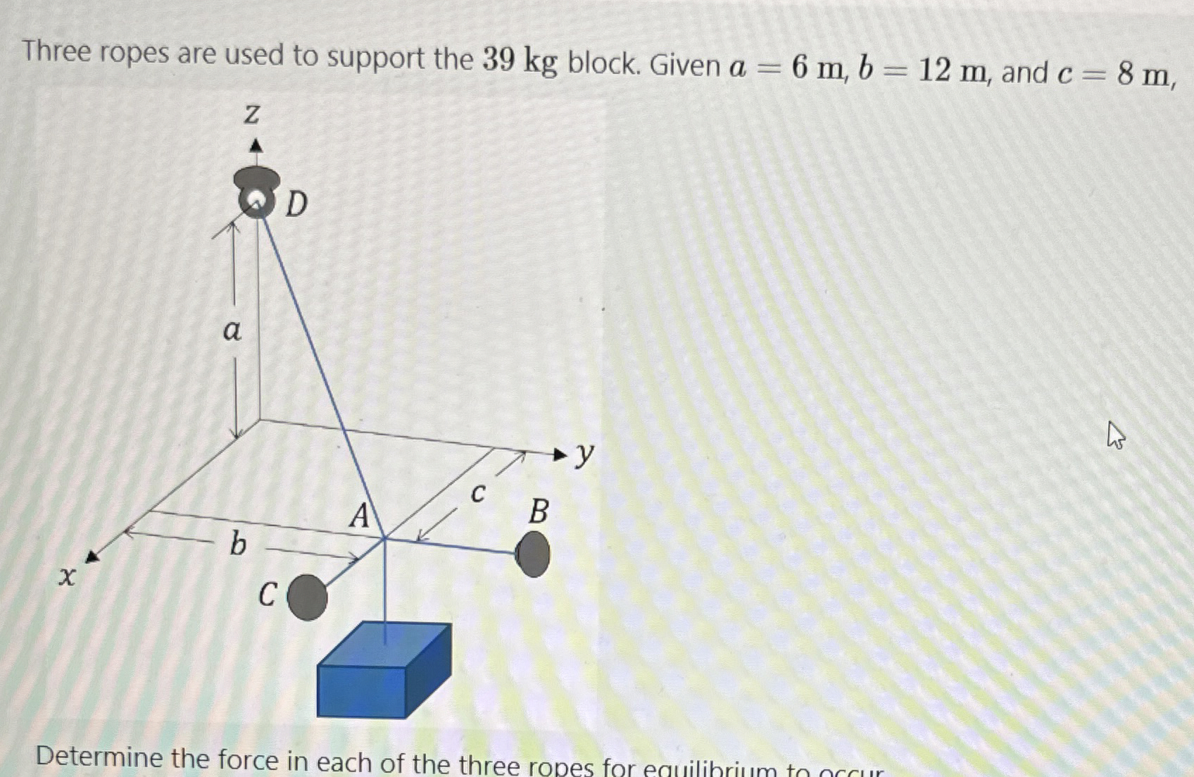 Three ropes are used to support the 3 9 kg block.