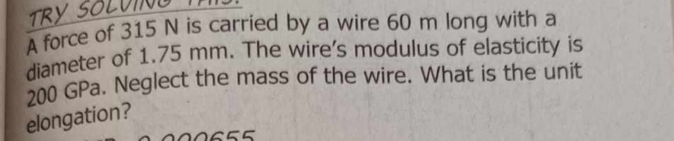 A force of 3 1 5 N is carried by a wire 6 0 m