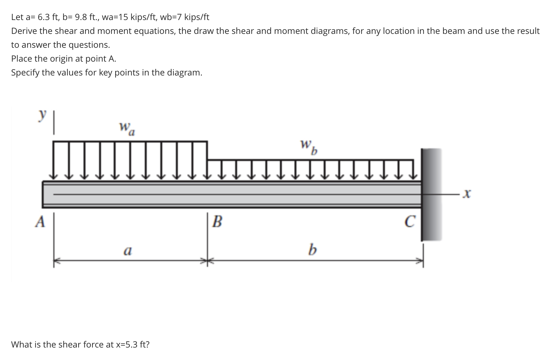 Let a = 6 . 3 f t , b = 9 . 8 f t , w a = 1 5 kip