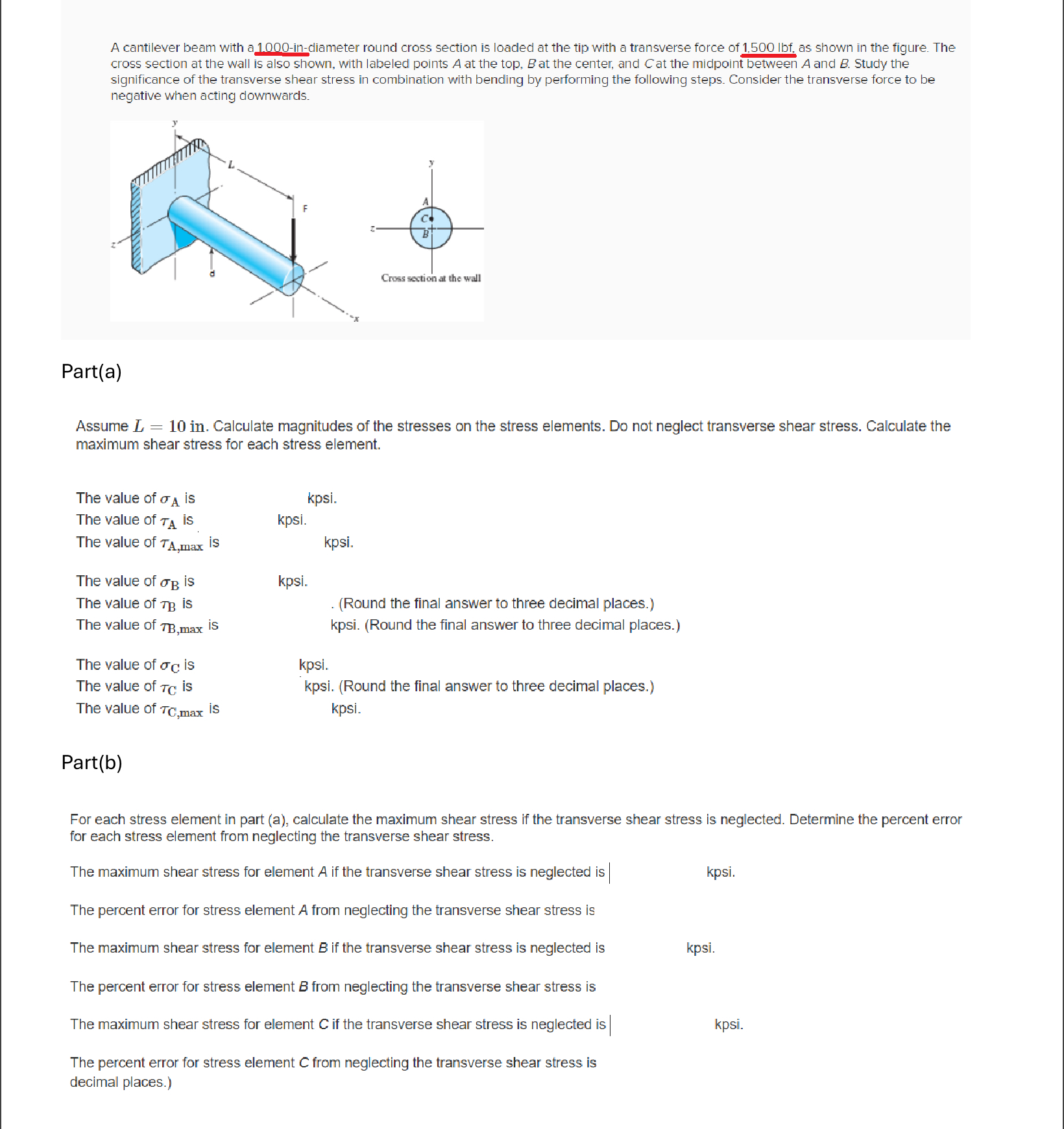 A cantilever beam with a 1 0 0 0 - in - diameter