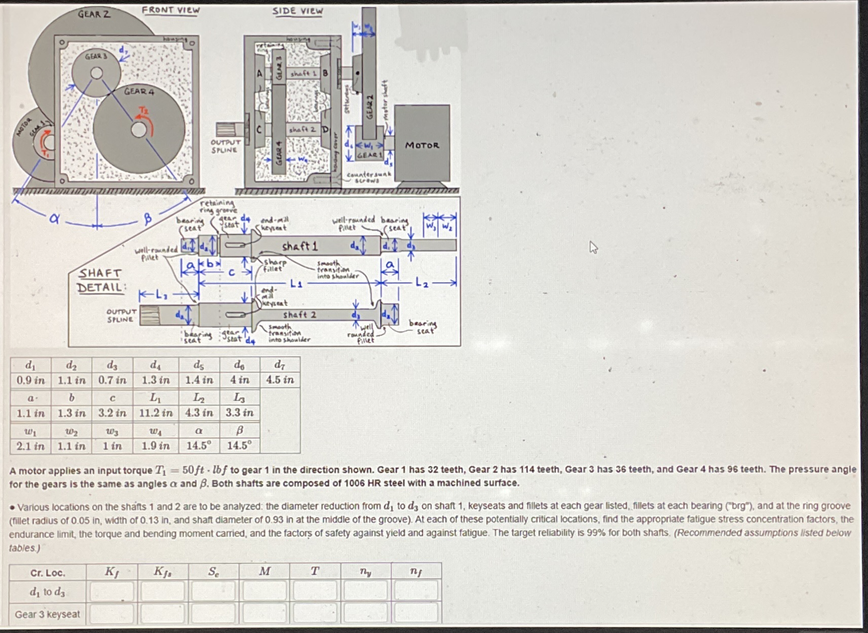 A motor applies an input torque T 1 = 5 0 f t * l