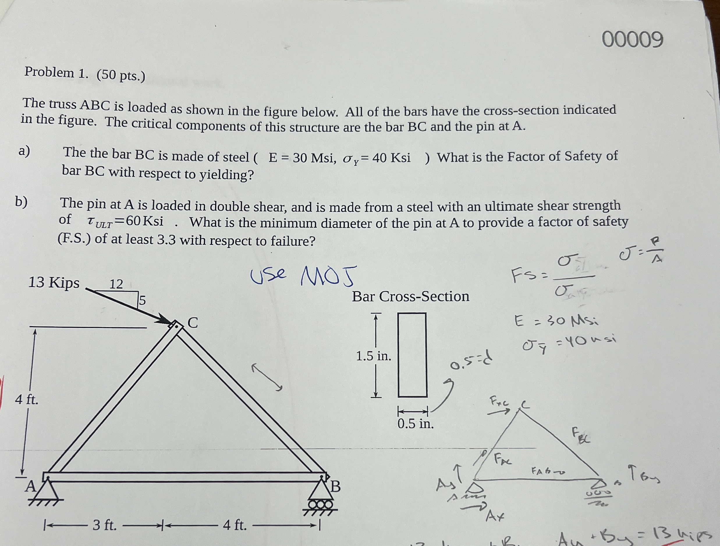 Problem 1 . ( 5 0 pts . ) The truss ABC is loaded