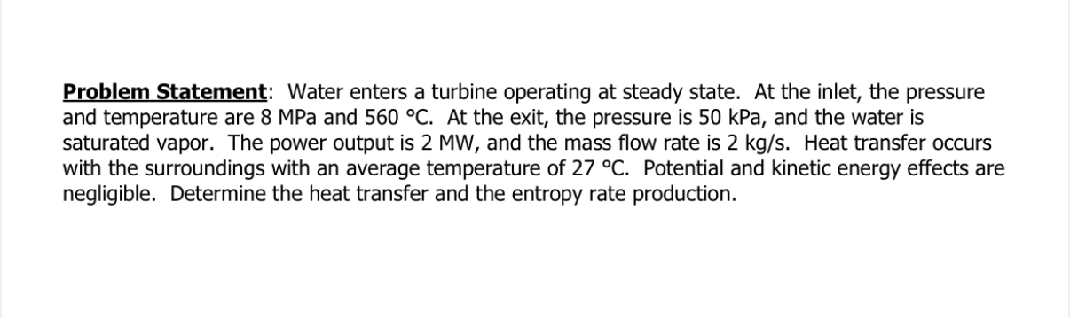 Problem Statement: Water enters a turbine