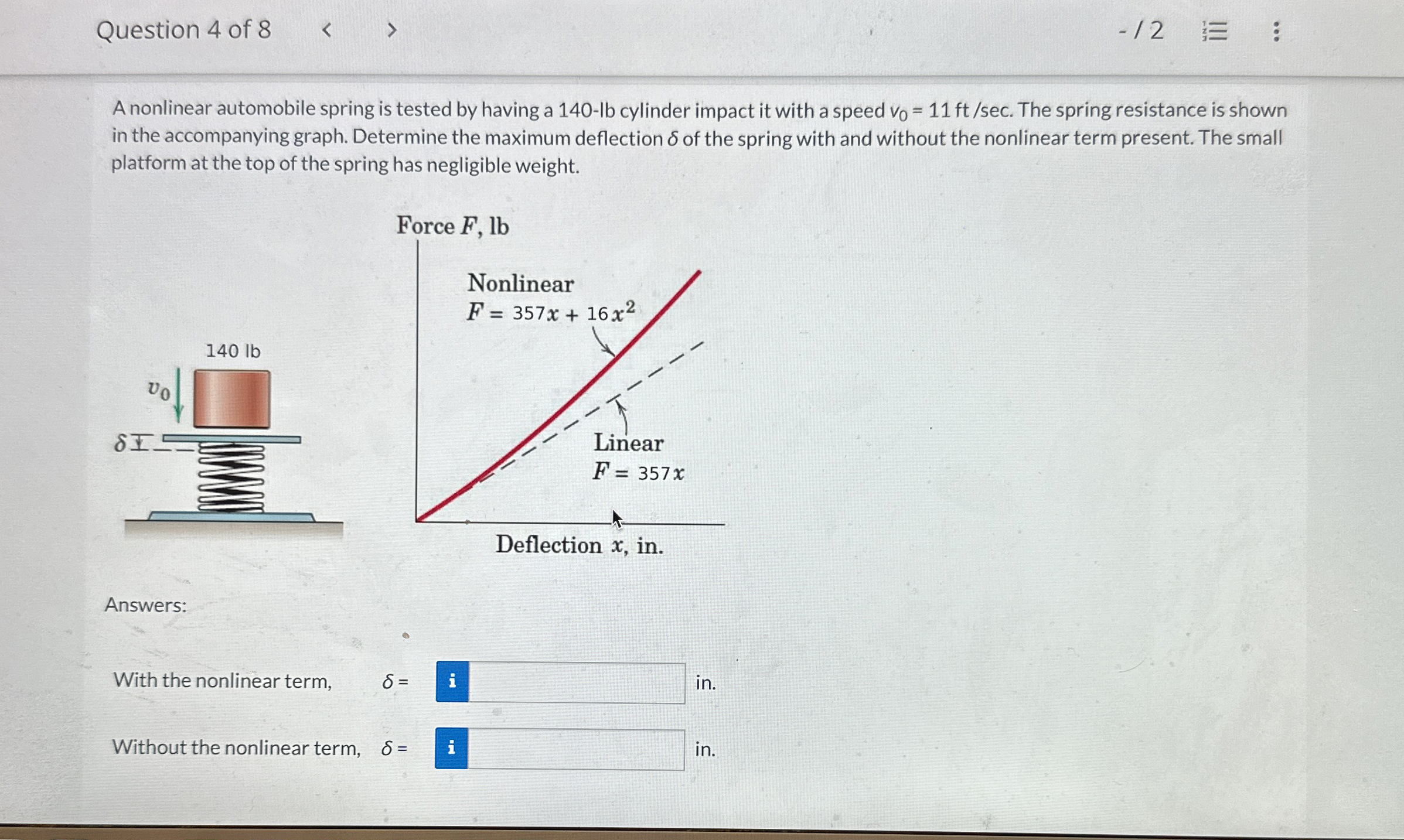 A nonlinear automobile spring is tested by having