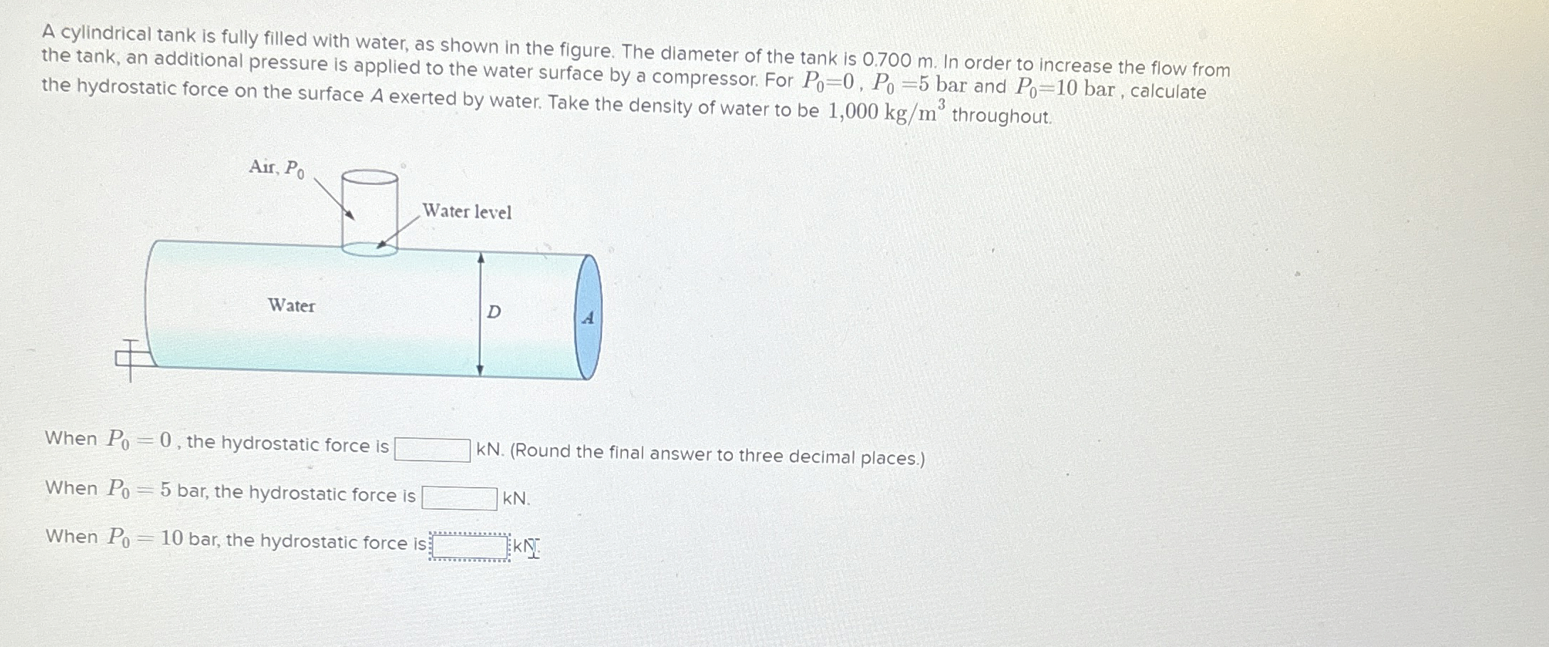 A cylindrical tank is fully filled with water, as