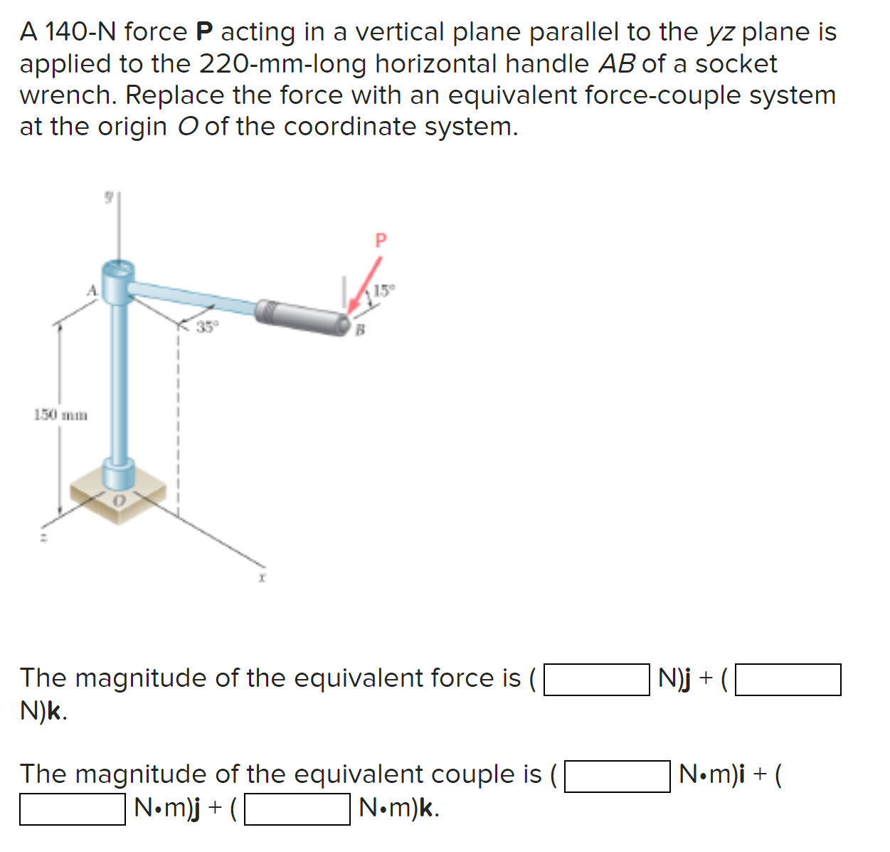A 1 4 0 - N force P acting in a vertical plane
